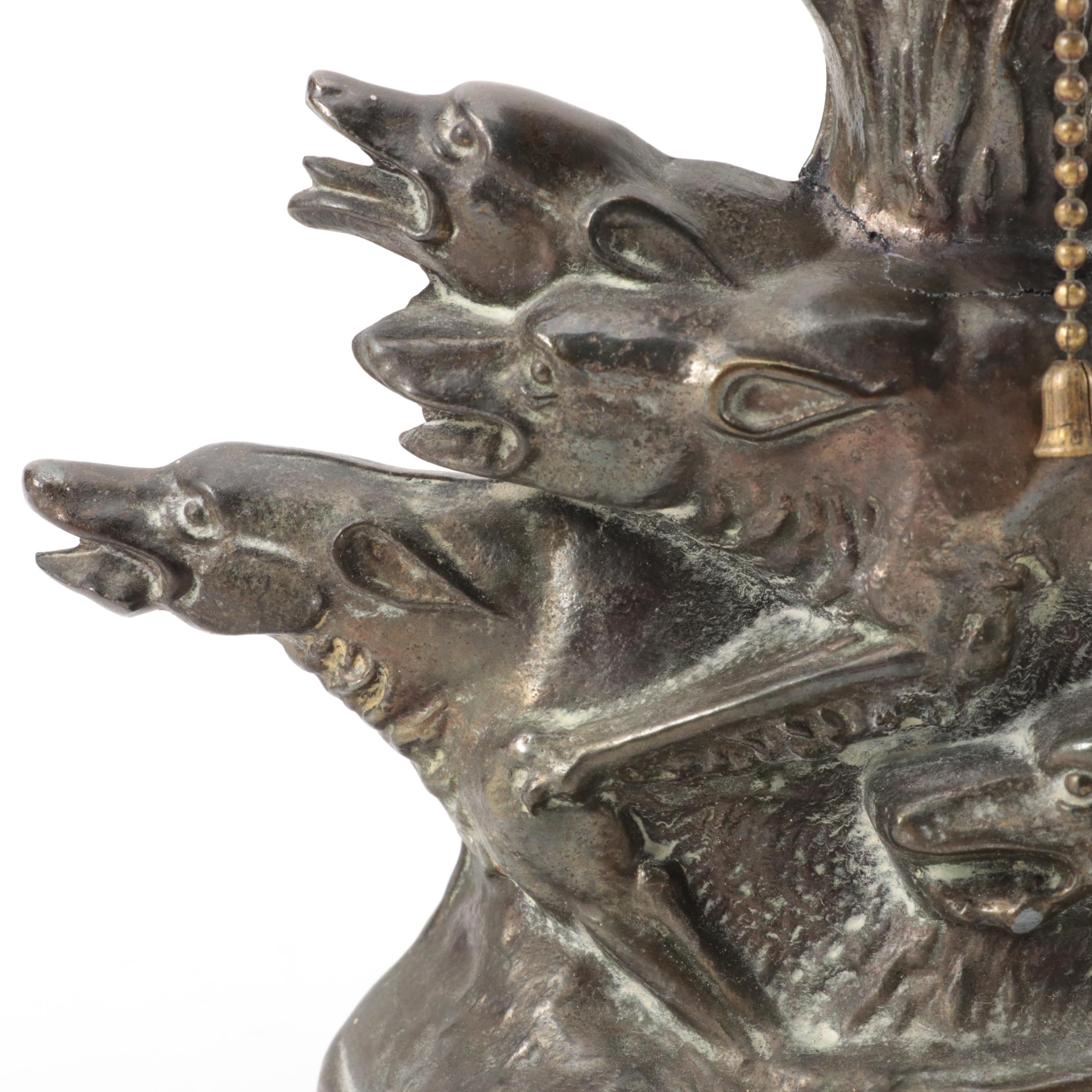 Art Deco Viceroy "The Hunter" Spelter Table Lamp and Vaseline Glass Shade