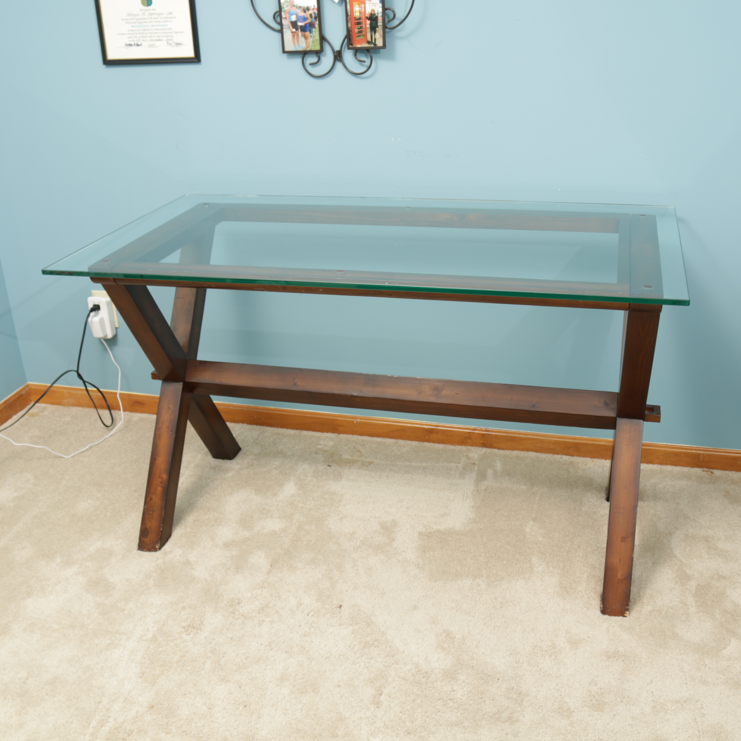 Pottery Barn "Ava" Glass Top Desk with Wooden Trestle Base