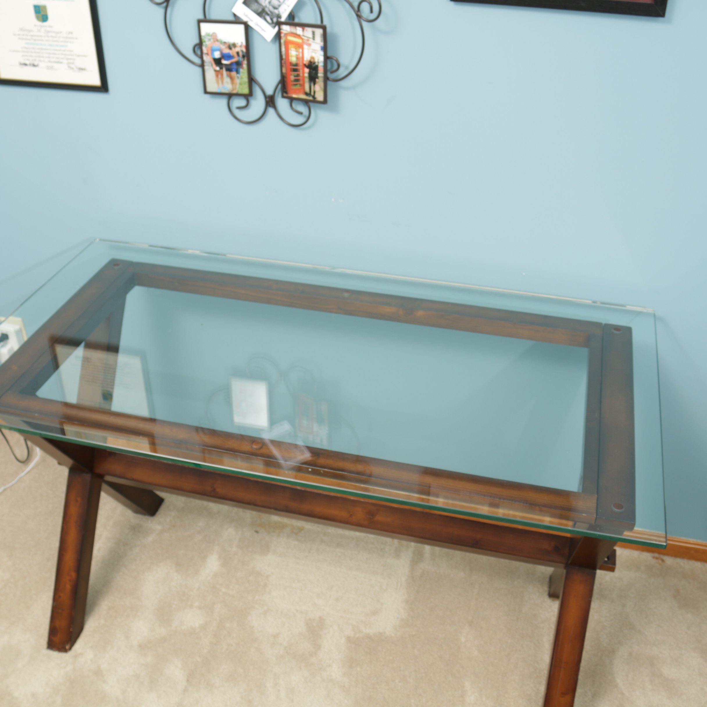 Pottery Barn "Ava" Glass Top Desk with Wooden Trestle Base