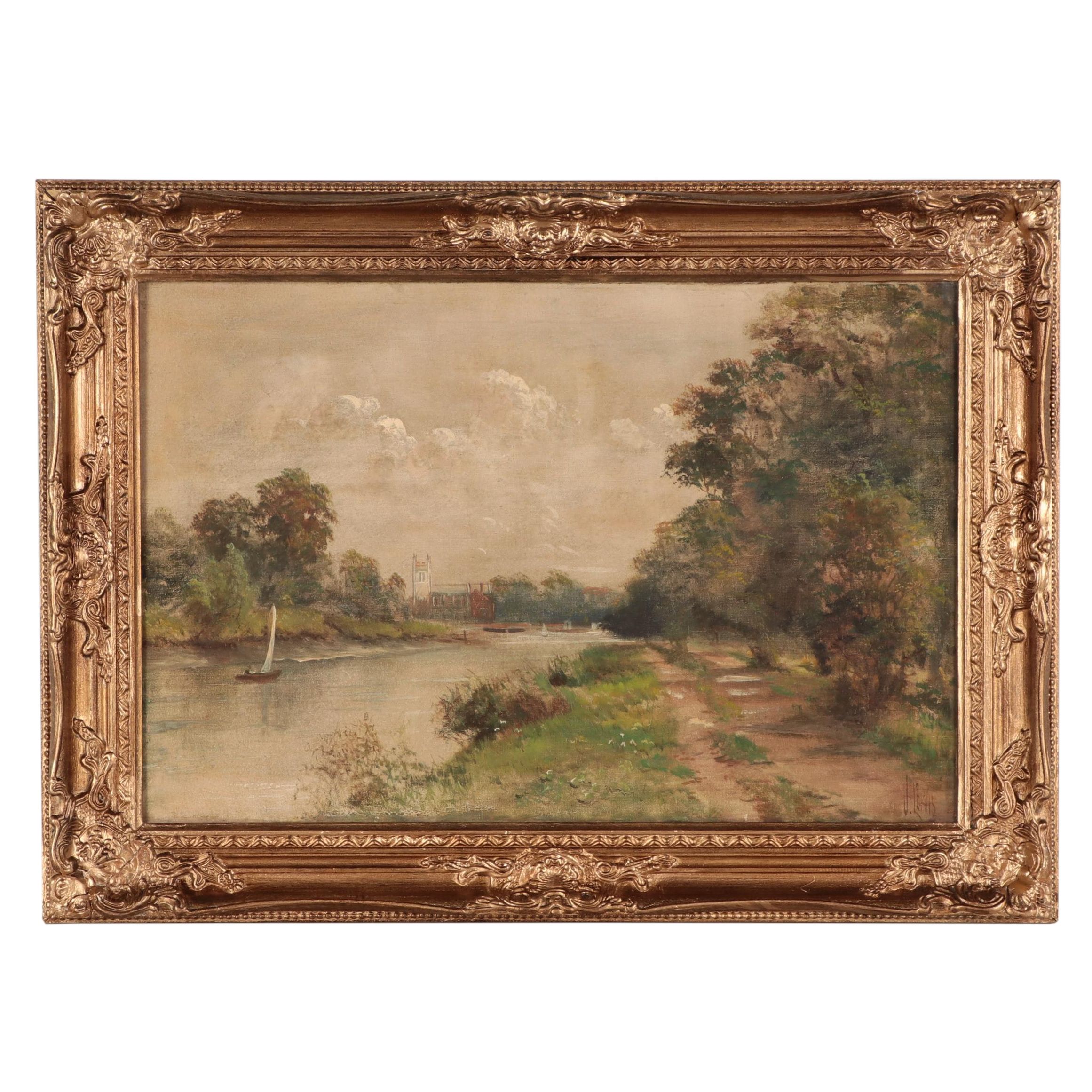 James Isaiah Lewis Landscape Oil Painting of River, Early 20th Century