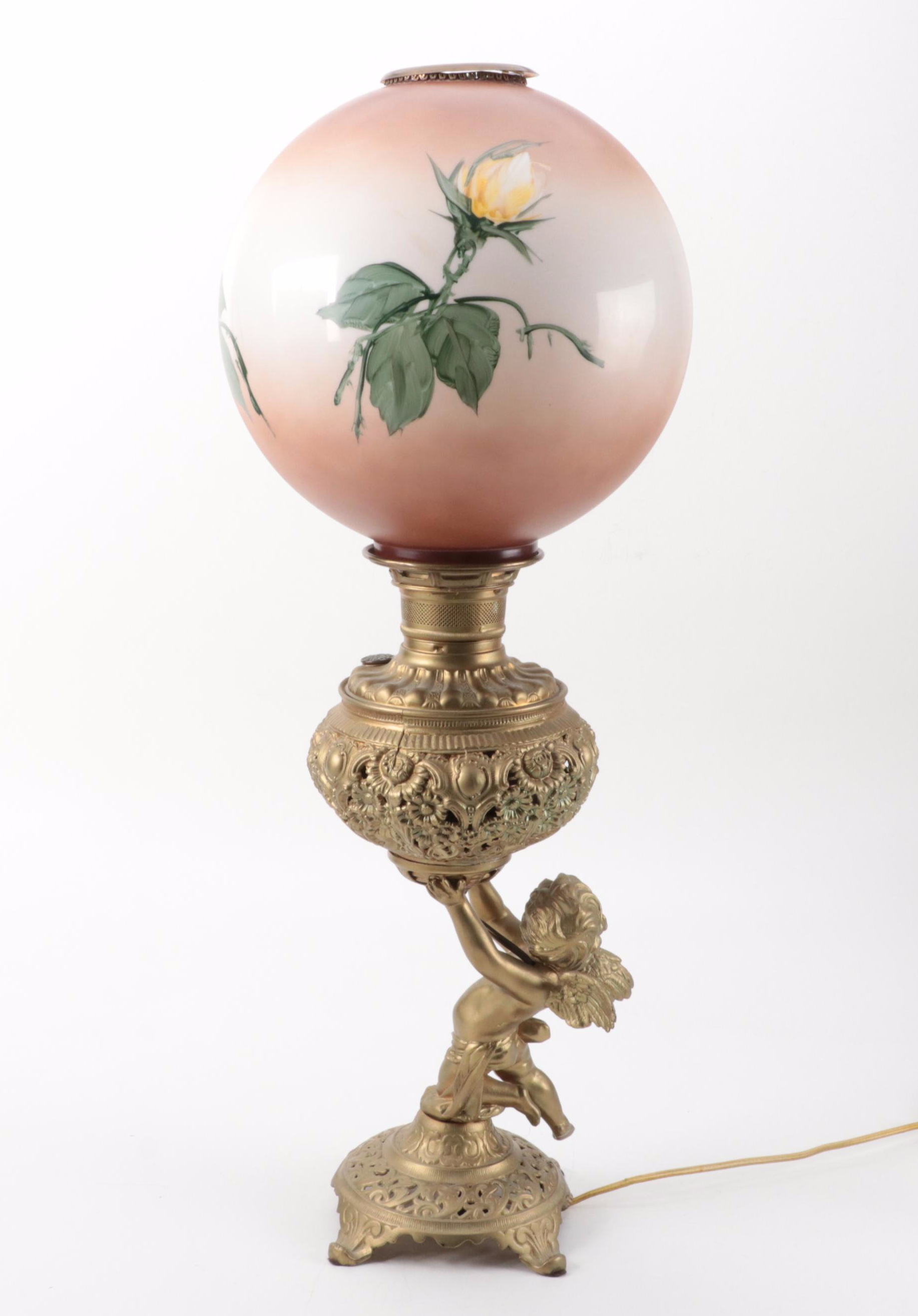 Gold Painted Spelter Cherub Parlor Oil Lamp, Late 19th Century, Adapted