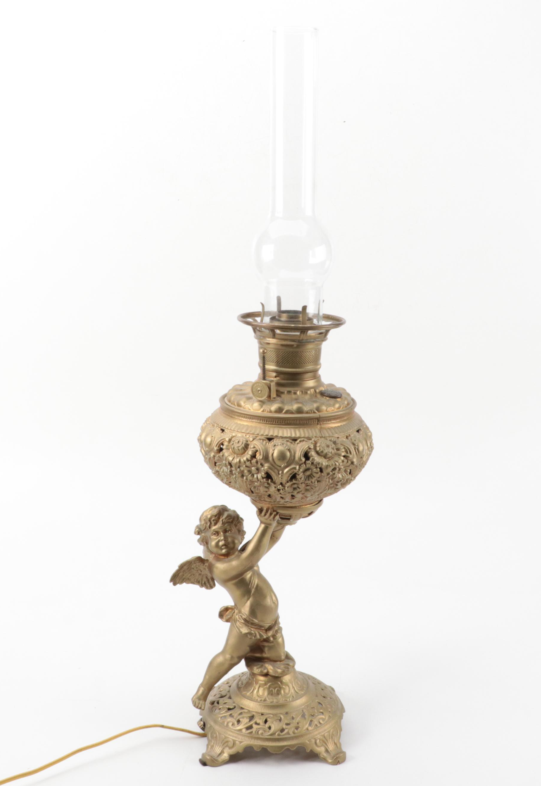 Gold Painted Spelter Cherub Parlor Oil Lamp, Late 19th Century, Adapted