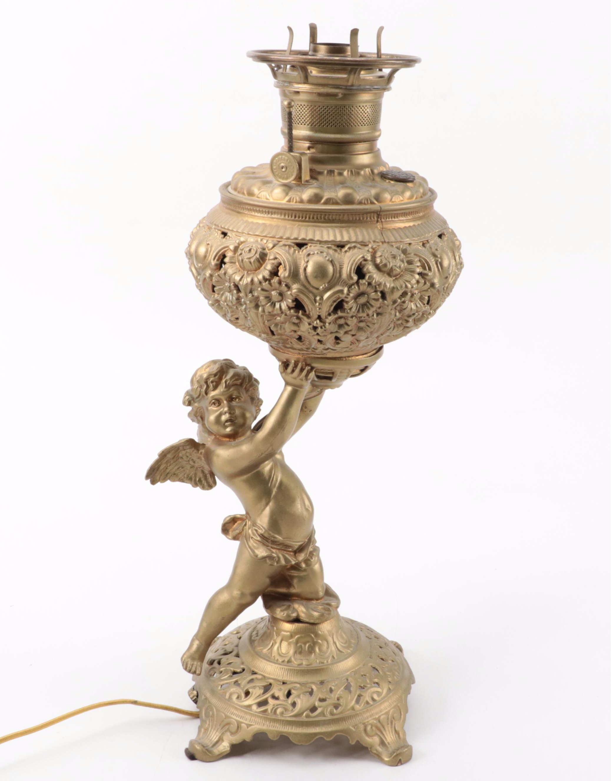 Gold Painted Spelter Cherub Parlor Oil Lamp, Late 19th Century, Adapted