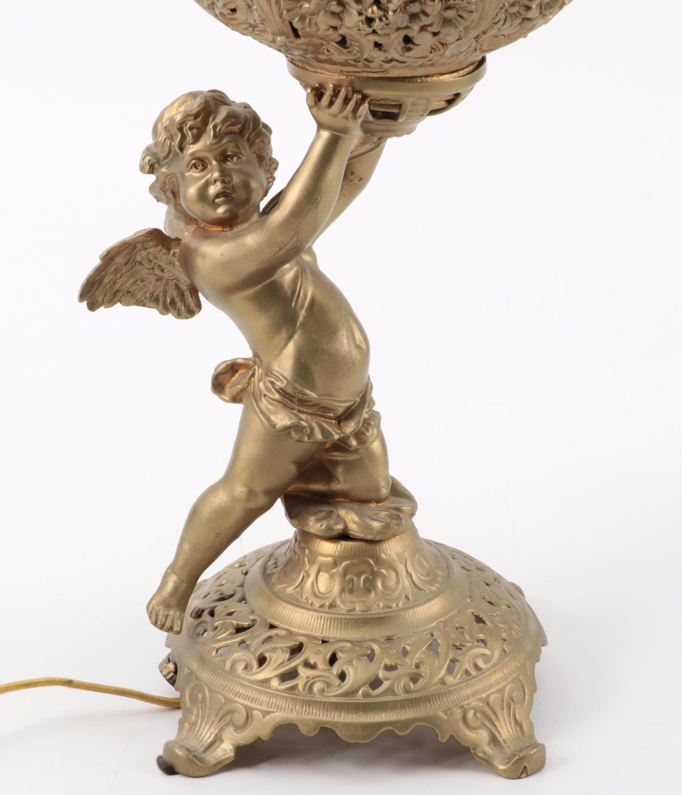 Gold Painted Spelter Cherub Parlor Oil Lamp, Late 19th Century, Adapted