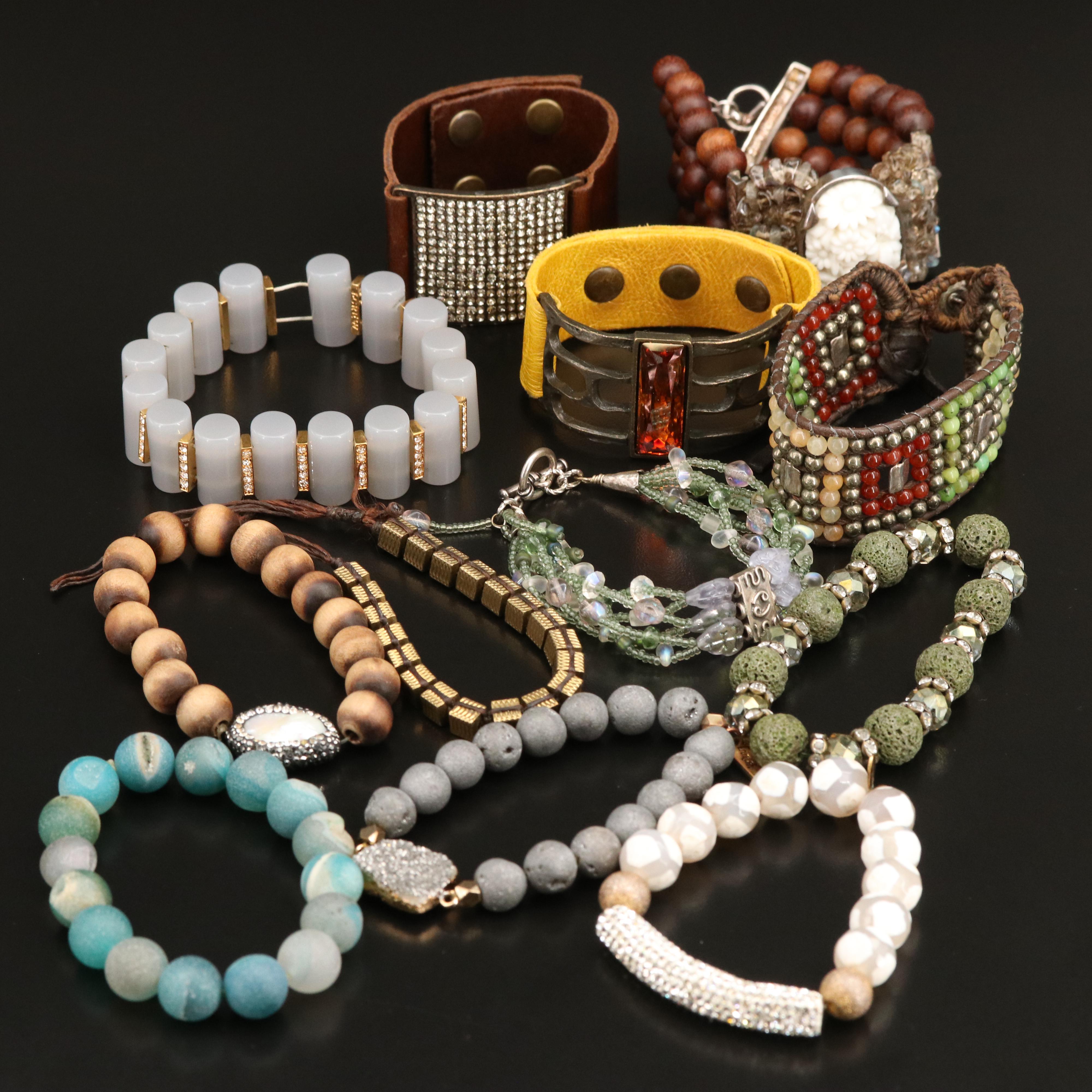 Bracelet Grouping Including Sterling, Rhinestone, Wood and Agate