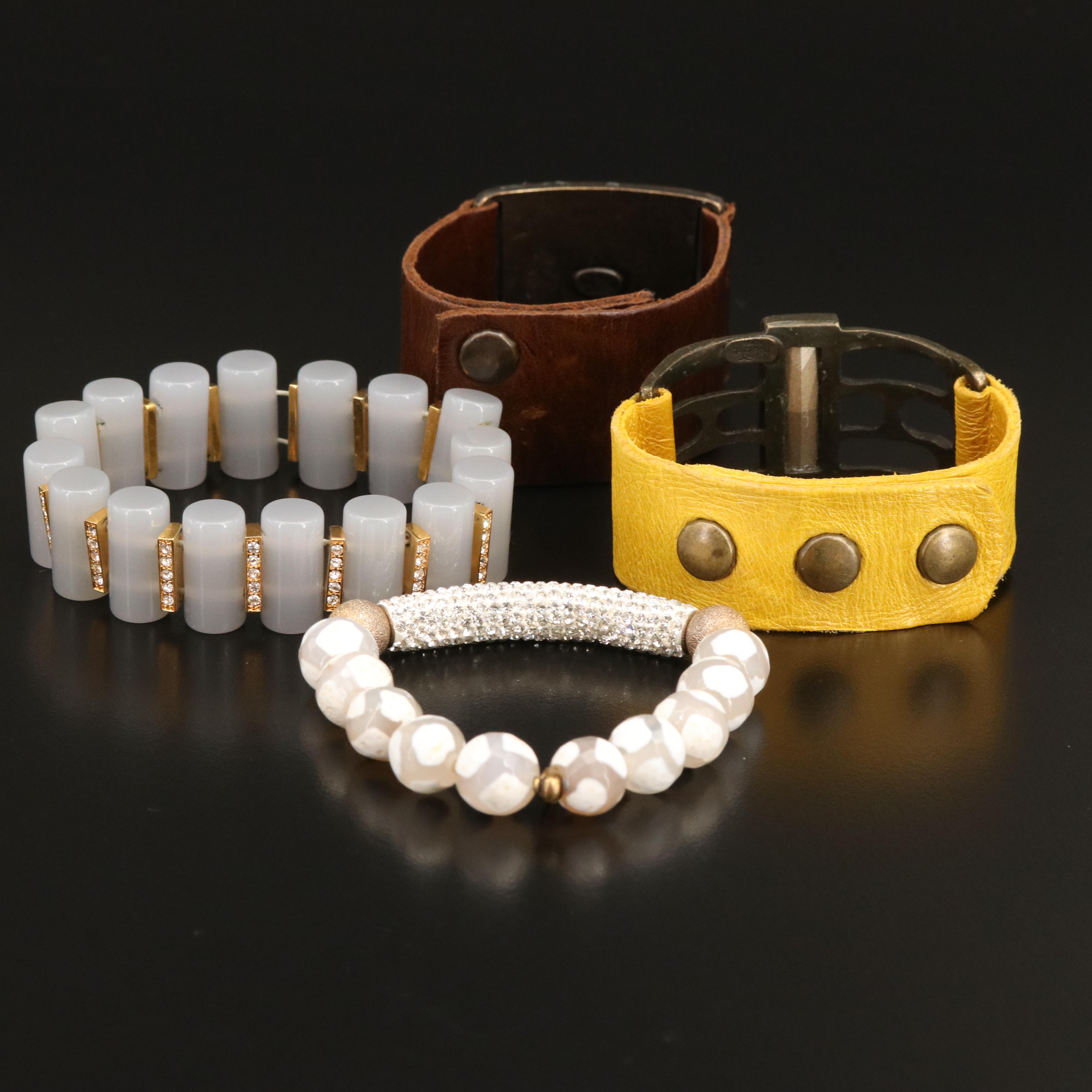 Bracelet Grouping Including Sterling, Rhinestone, Wood and Agate