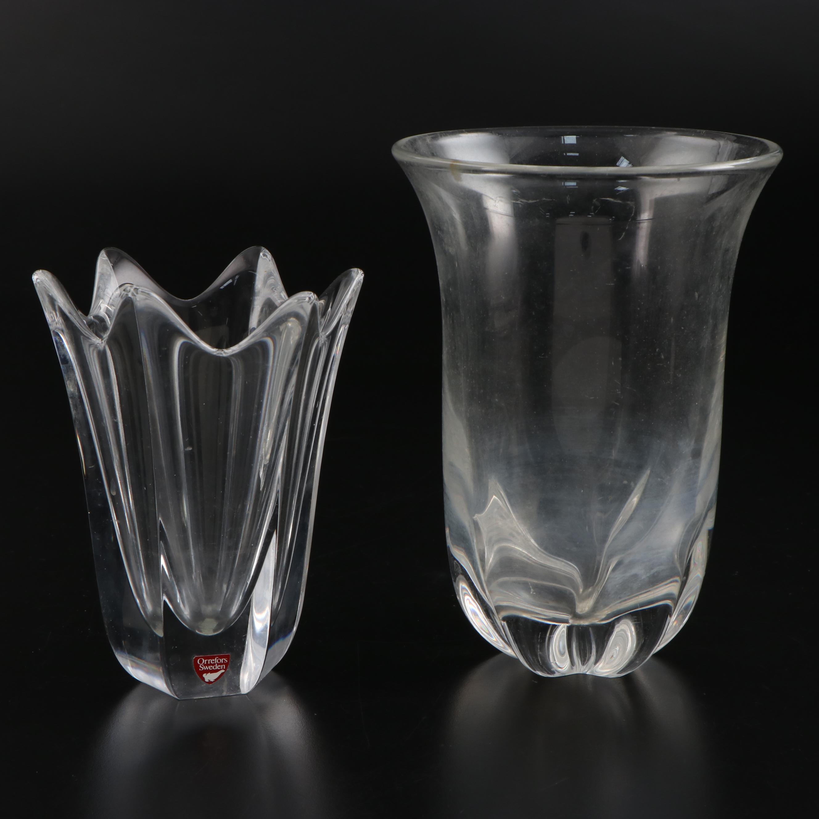 Edward Hald for Orrefors Pinched Base and "Belle" Crystal Flowers Vases