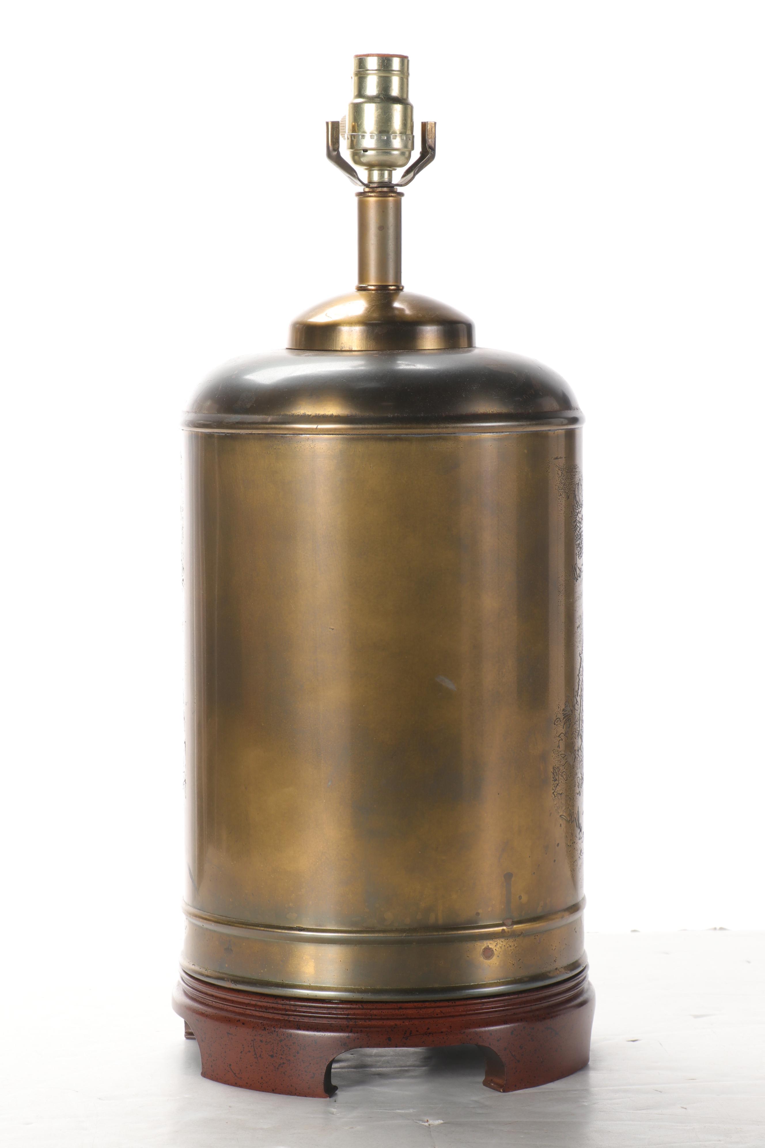 Brass Repousse Hunt Motif Tea Canister Style Table Lamp, Mid to Late 20th C