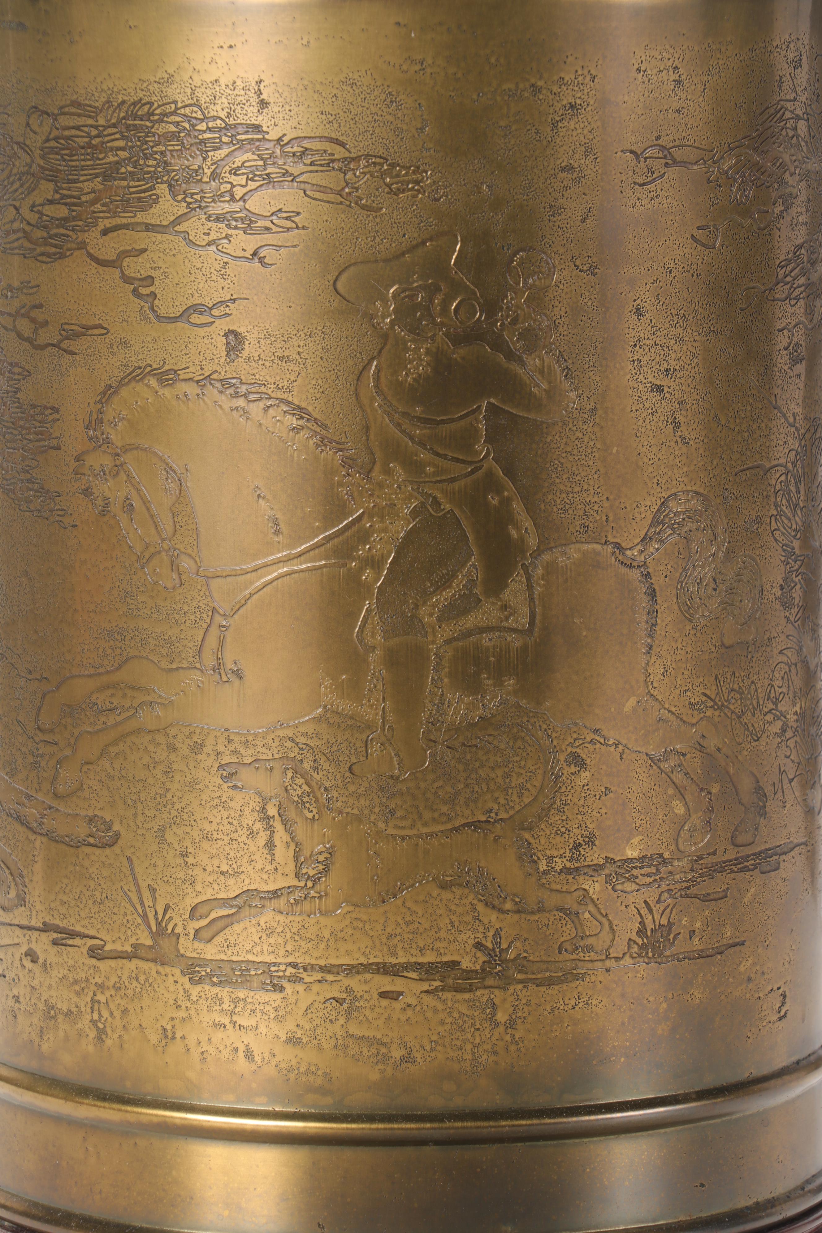 Brass Repousse Hunt Motif Tea Canister Style Table Lamp, Mid to Late 20th C