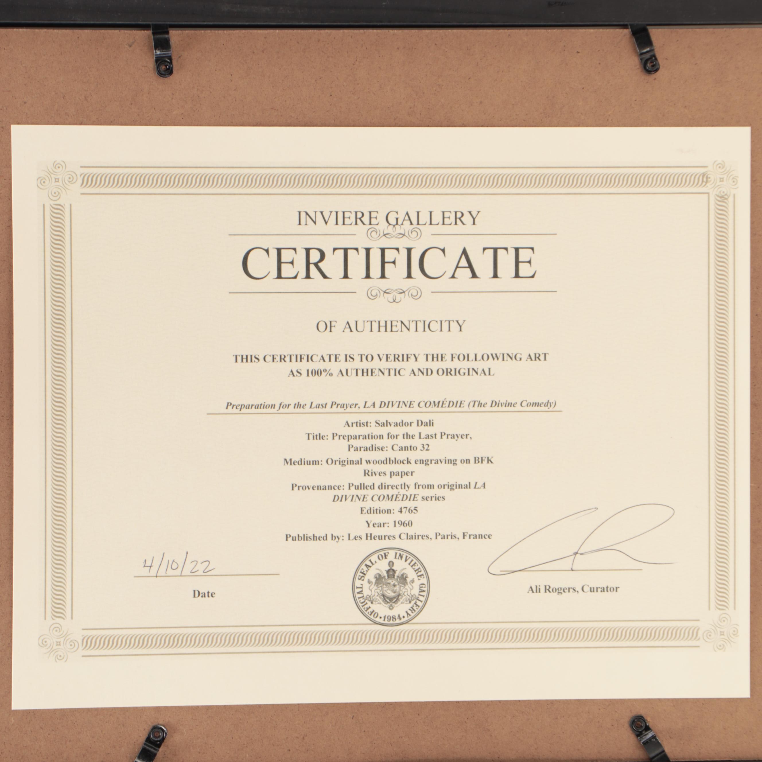 Salvador Dalí Wood Engraving "Preparation for the Last Prayer," Circa 1960