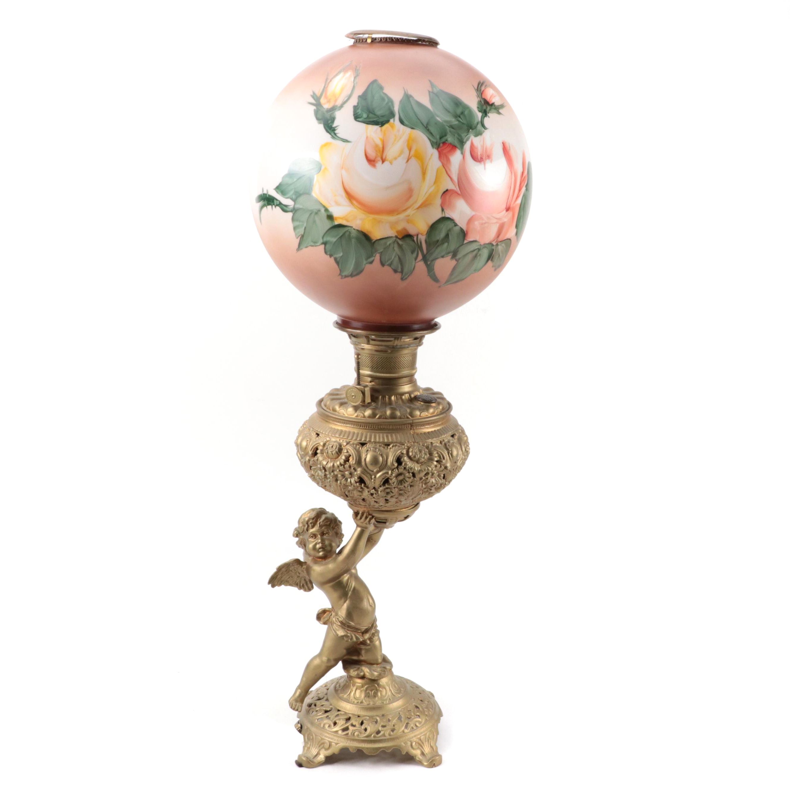 Gold Painted Spelter Cherub Parlor Oil Lamp, Late 19th Century, Adapted