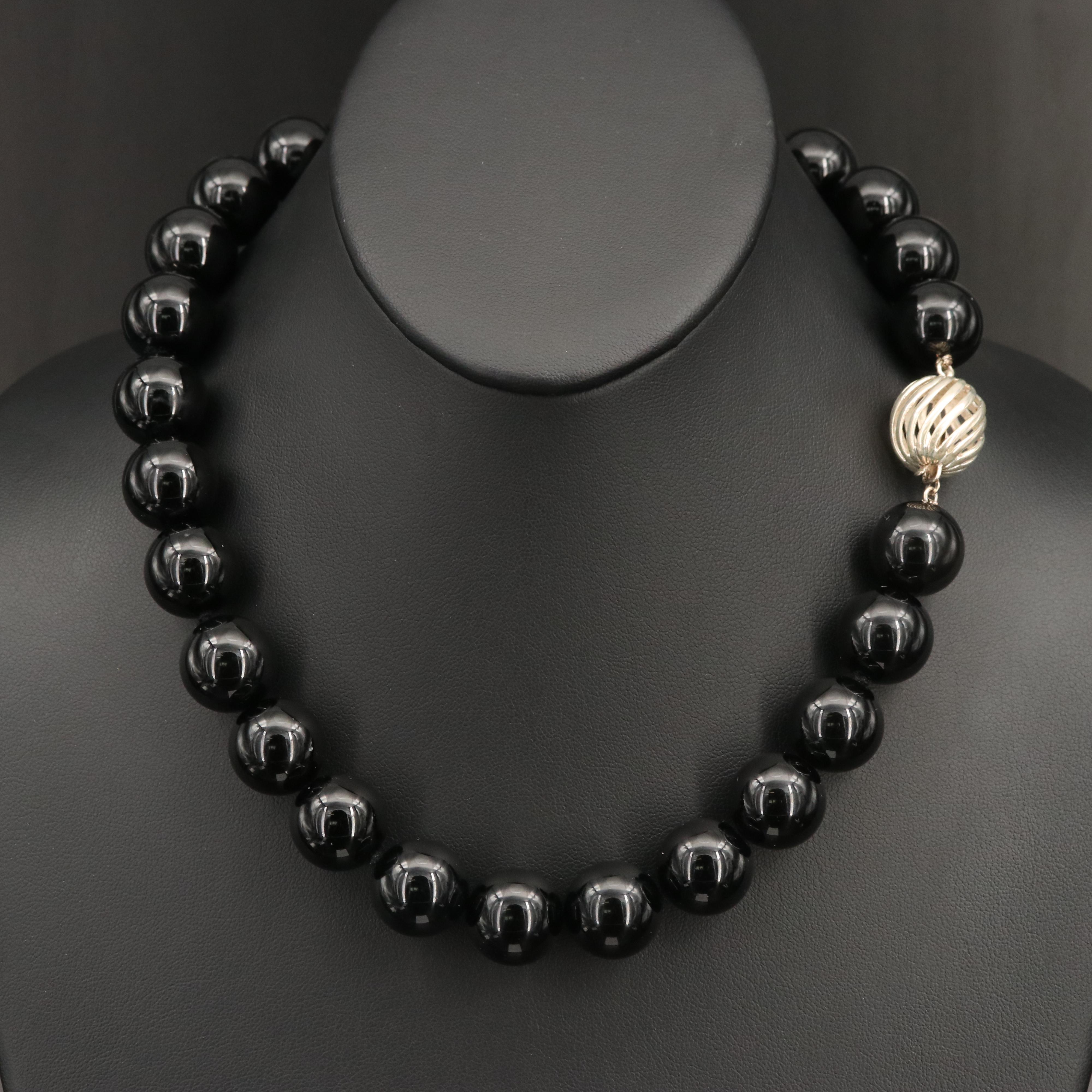 Tiffany & Co. Black Onyx Bead Necklace with Sterling Clasp and Pouch