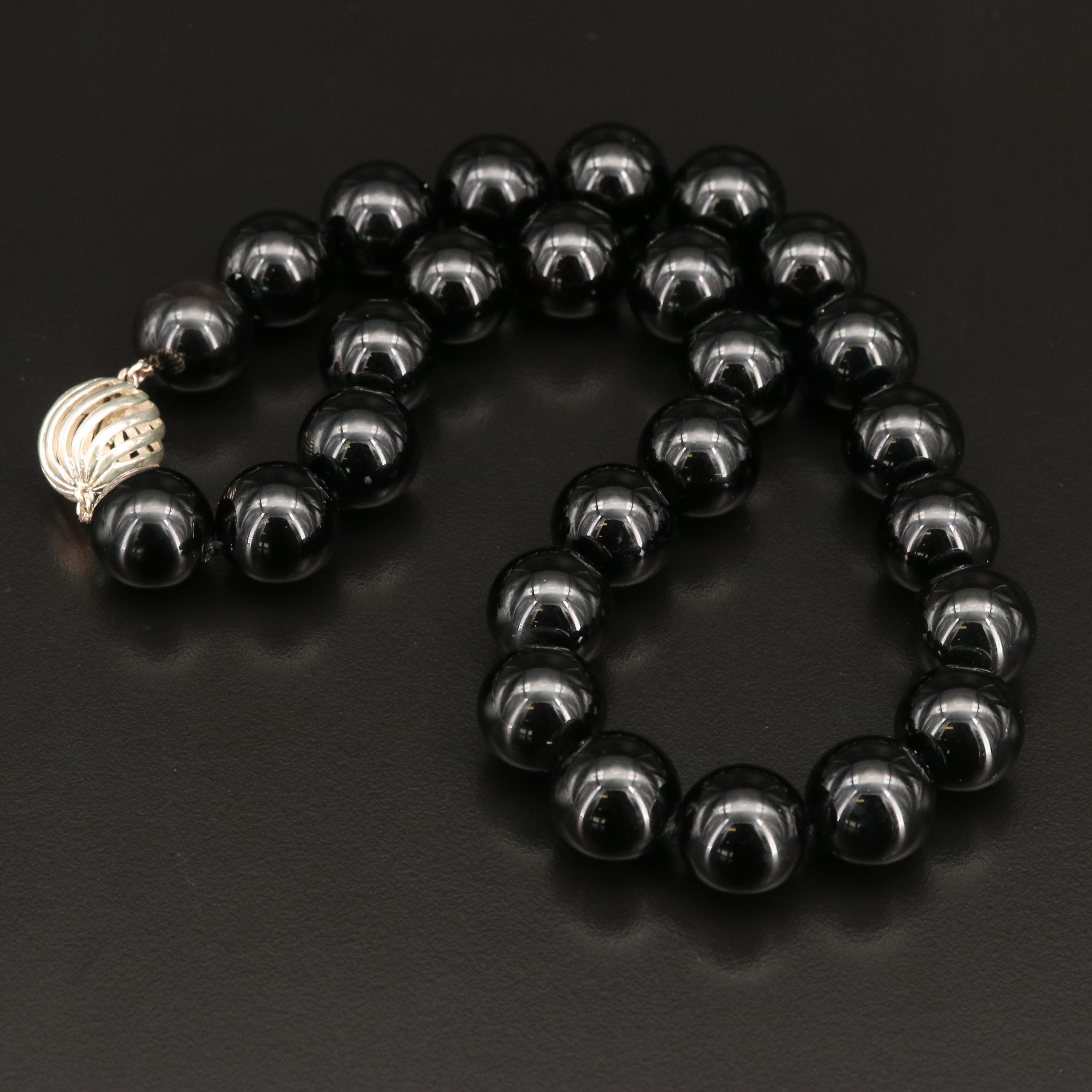 Tiffany & Co. Black Onyx Bead Necklace with Sterling Clasp and Pouch