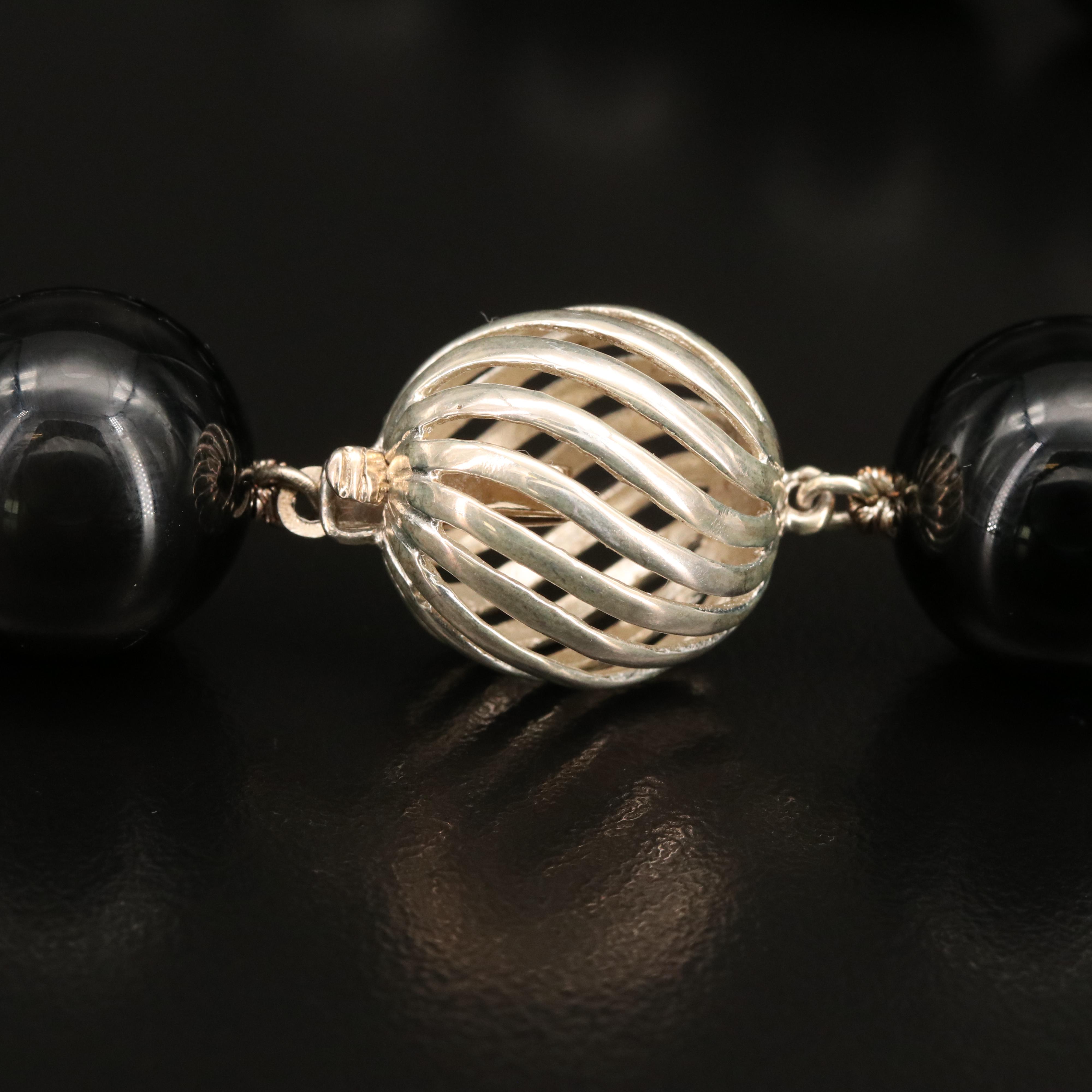 Tiffany & Co. Black Onyx Bead Necklace with Sterling Clasp and Pouch