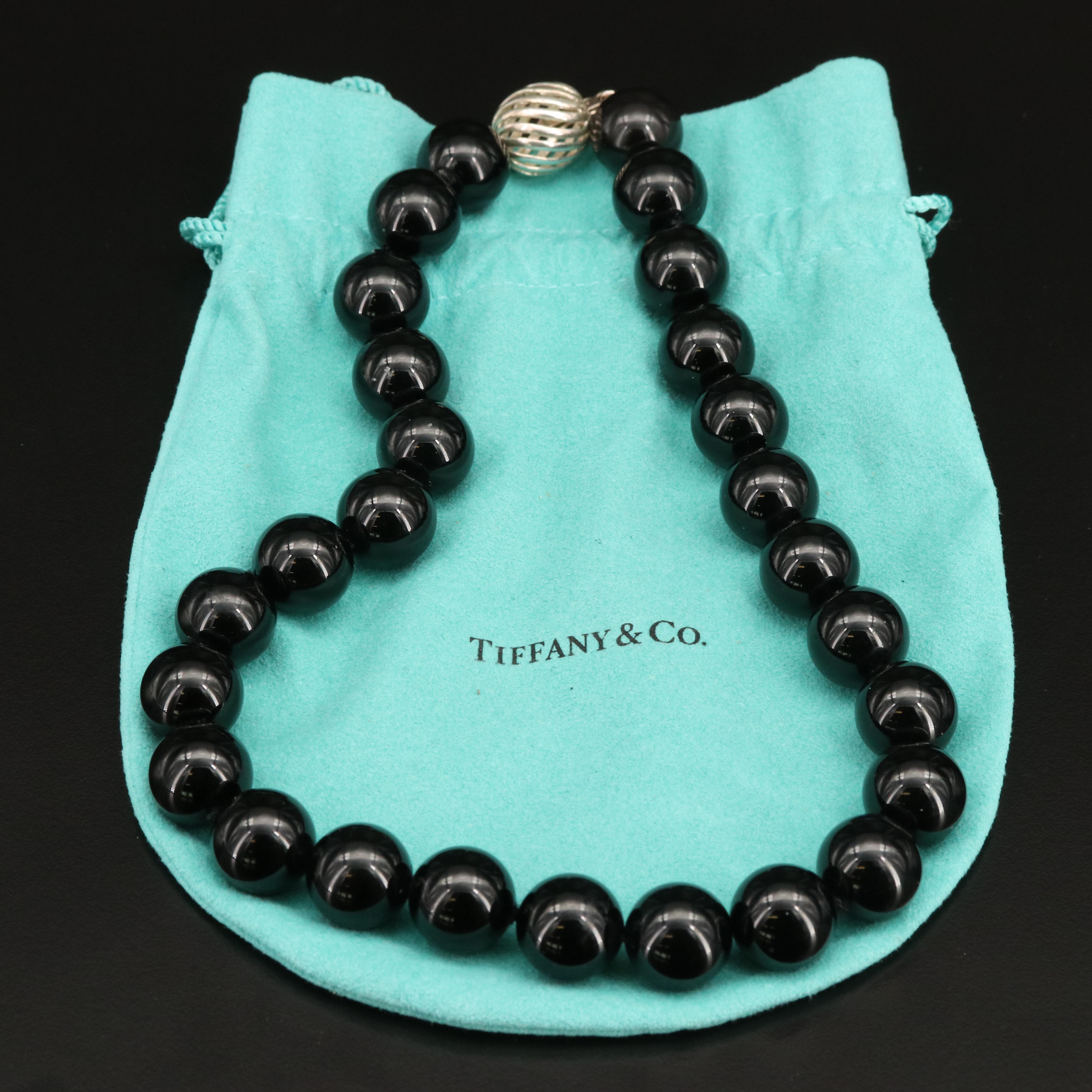 Tiffany & Co. Black Onyx Bead Necklace with Sterling Clasp and Pouch