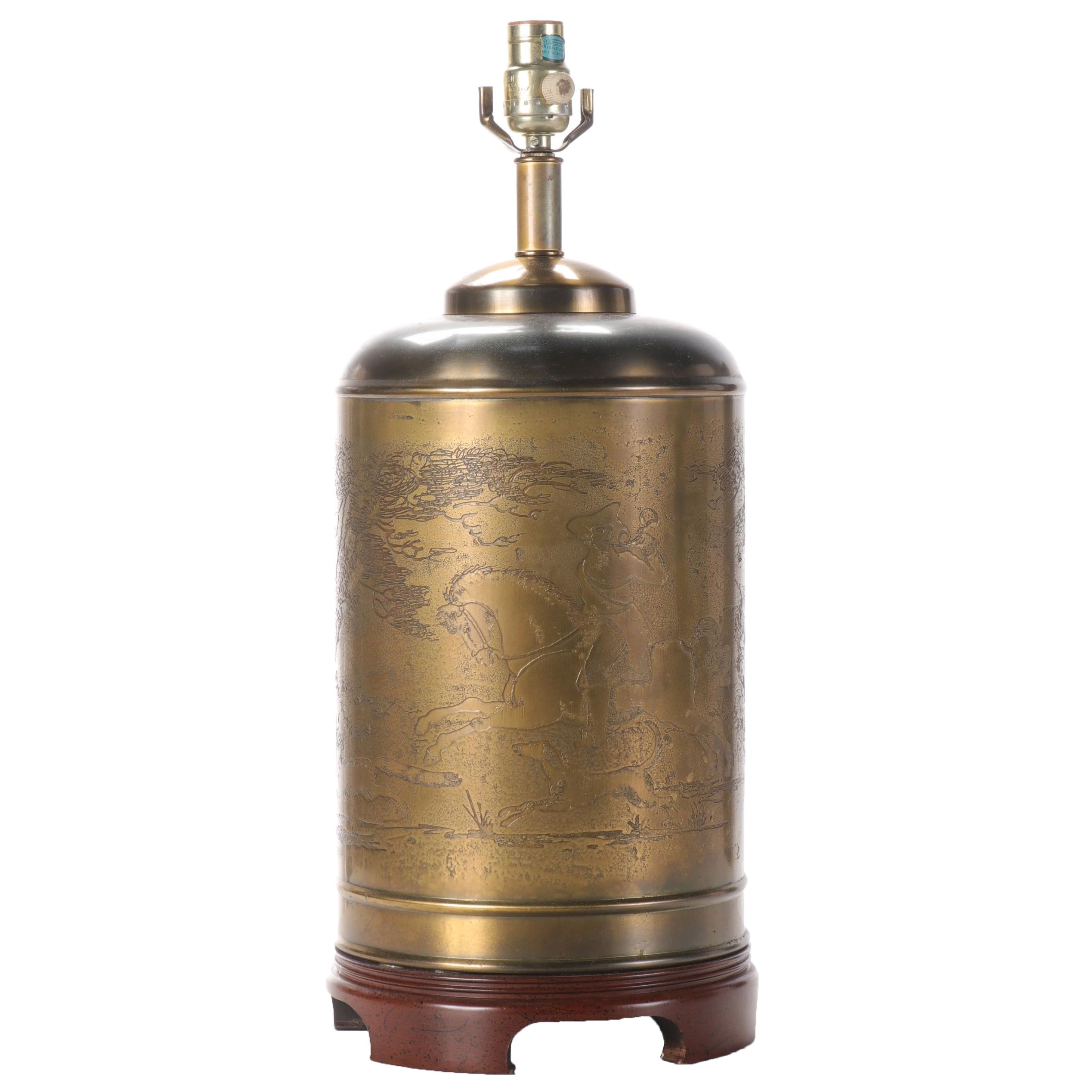 Brass Repousse Hunt Motif Tea Canister Style Table Lamp, Mid to Late 20th C