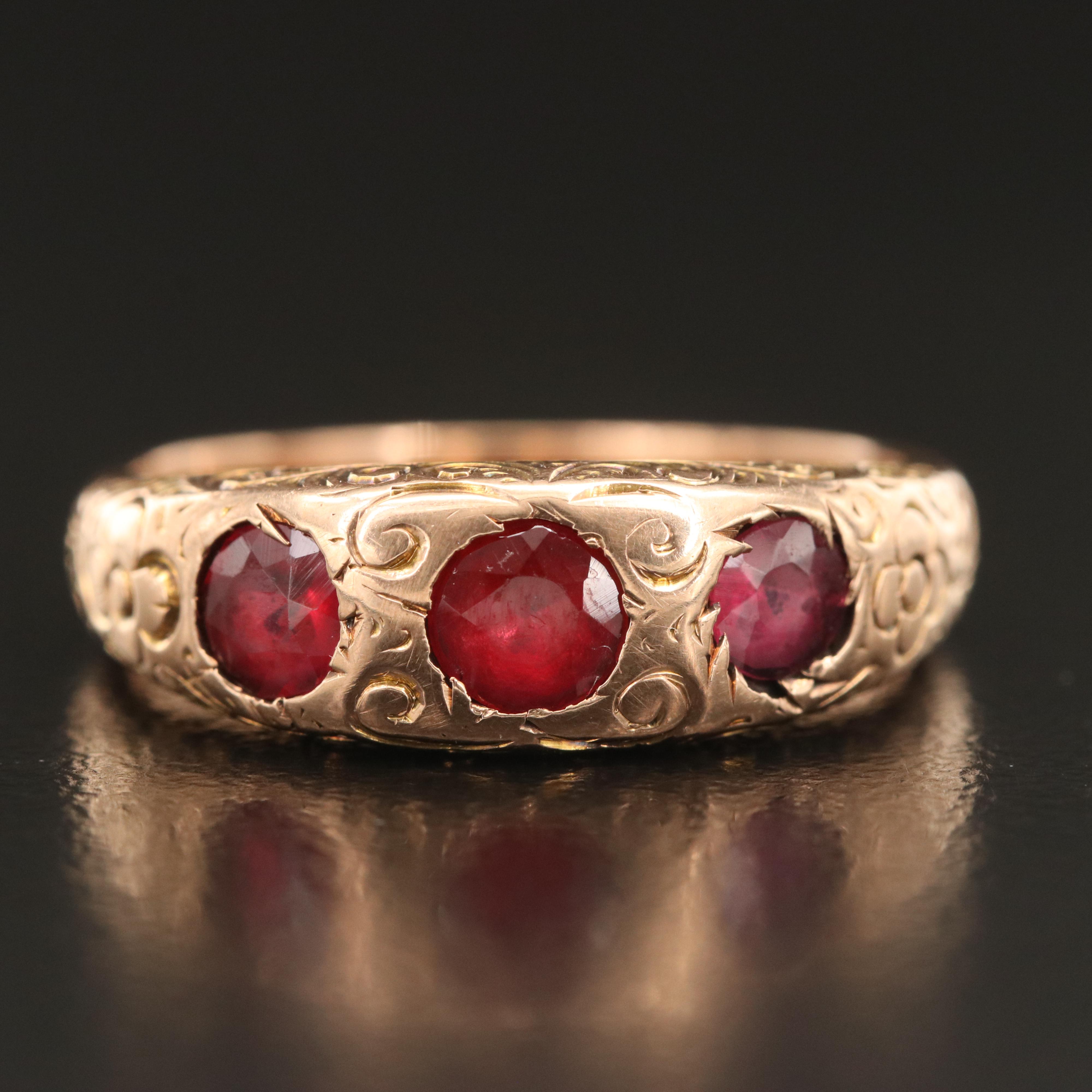 Late Victorian 14K Garnet Glass Doublet Gypsy Set Ring with Engraved Scrollwork