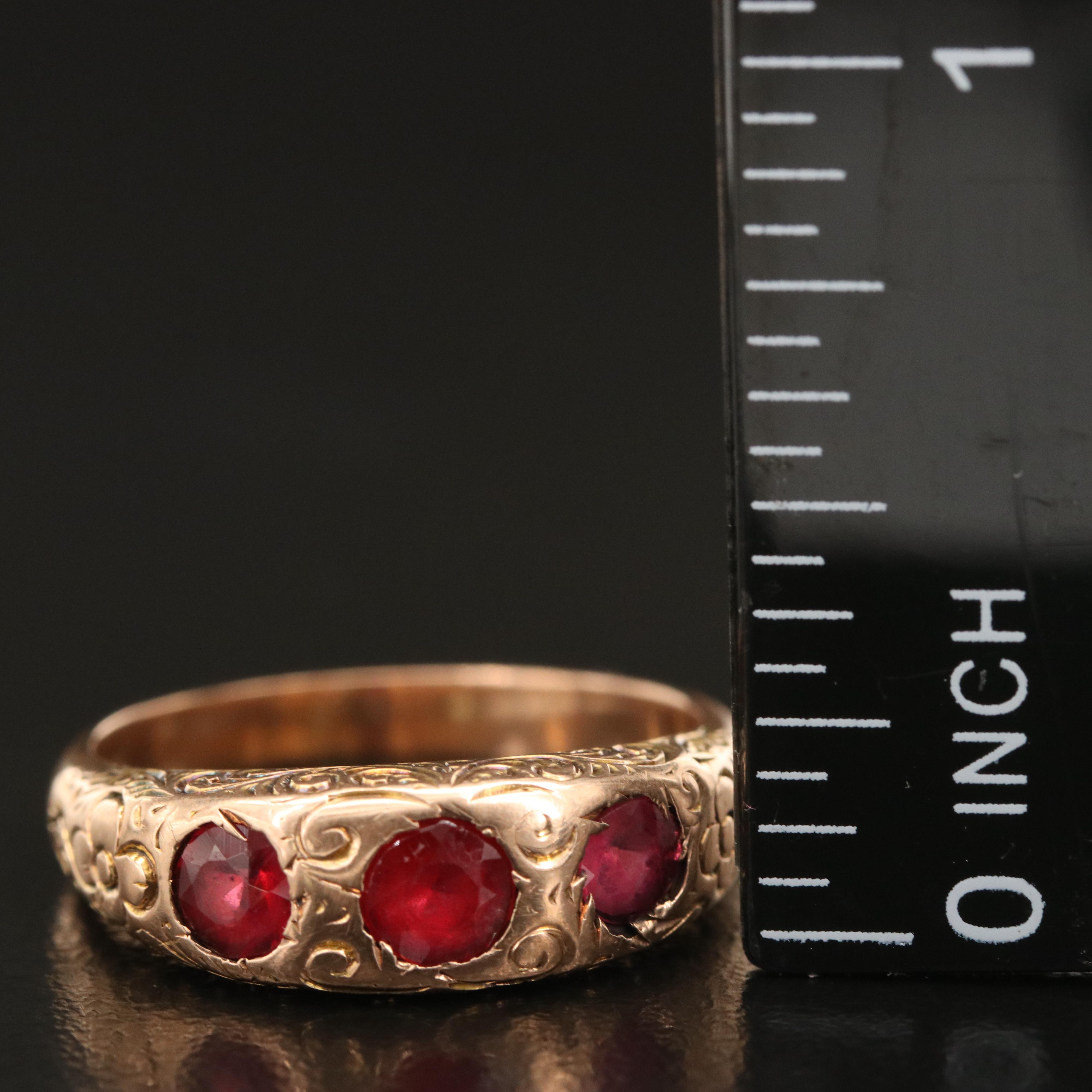 Late Victorian 14K Garnet Glass Doublet Gypsy Set Ring with Engraved Scrollwork