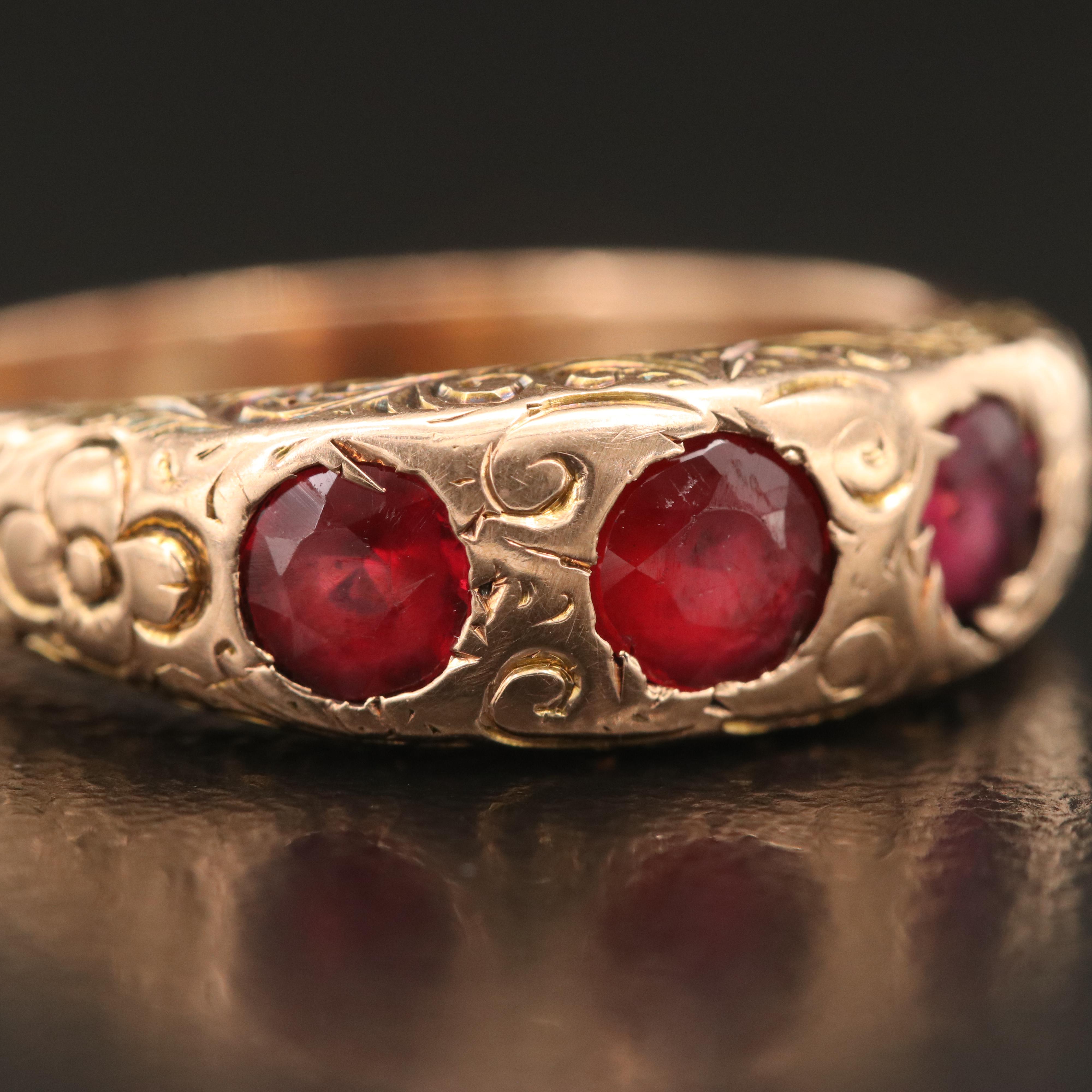 Late Victorian 14K Garnet Glass Doublet Gypsy Set Ring with Engraved Scrollwork