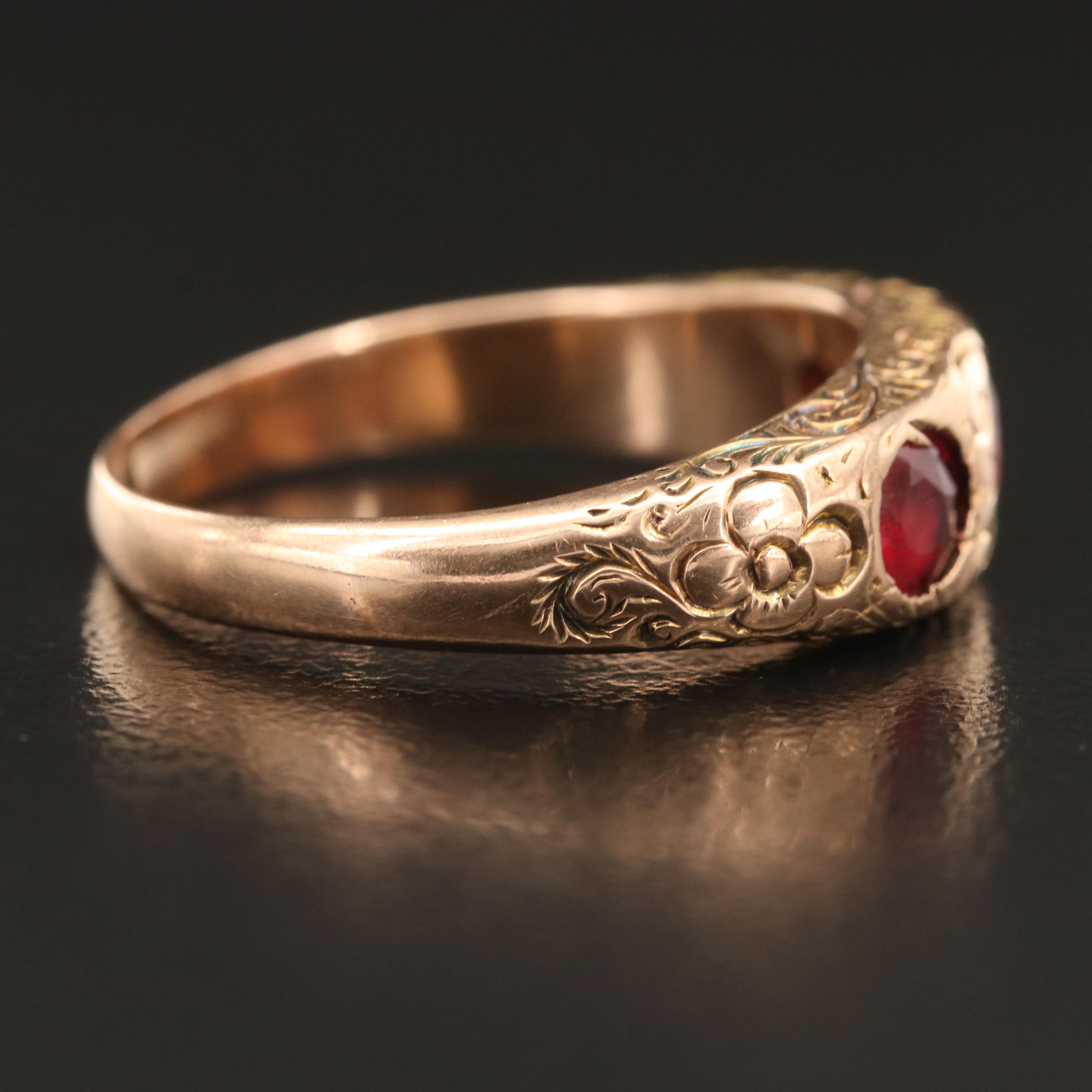 Late Victorian 14K Garnet Glass Doublet Gypsy Set Ring with Engraved Scrollwork