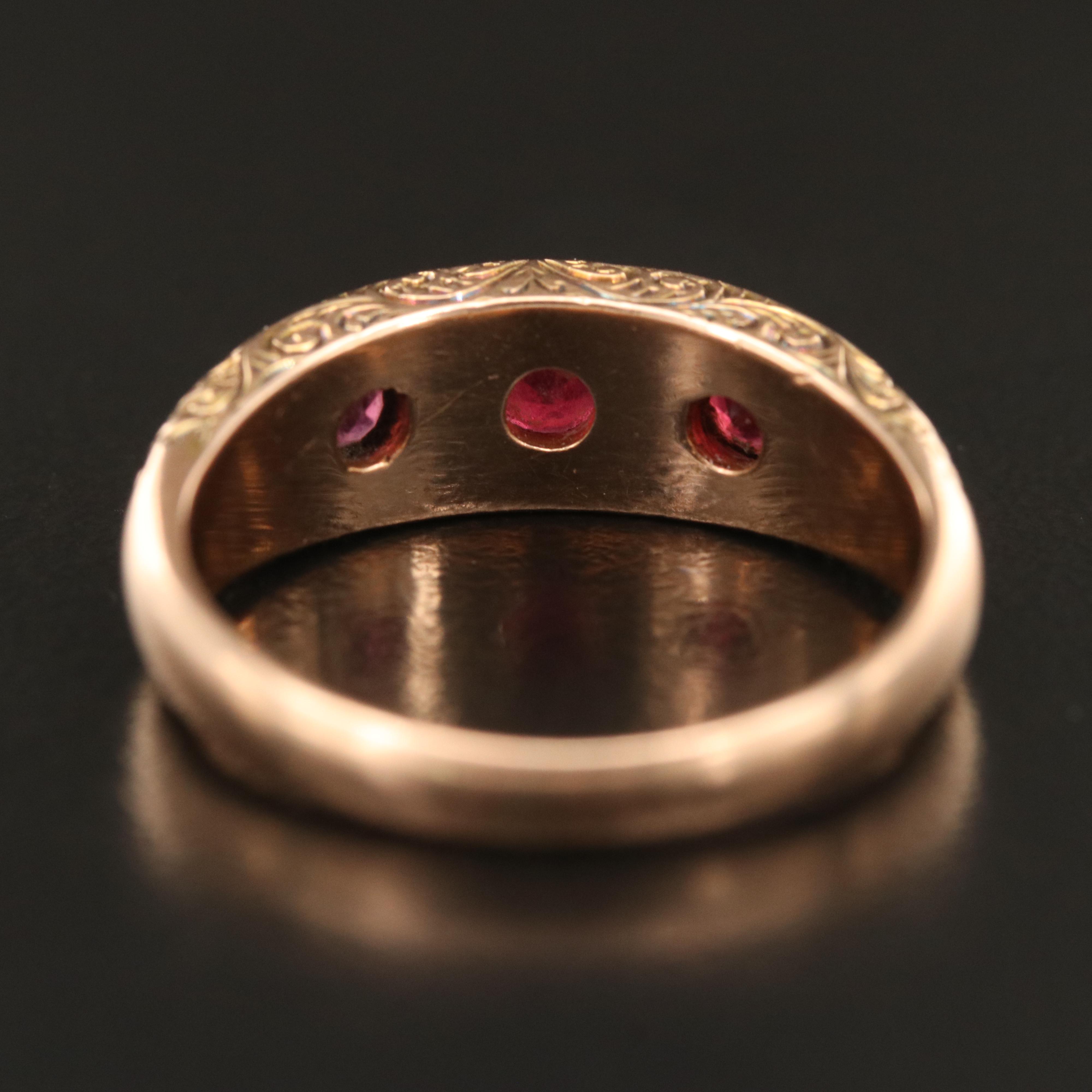 Late Victorian 14K Garnet Glass Doublet Gypsy Set Ring with Engraved Scrollwork