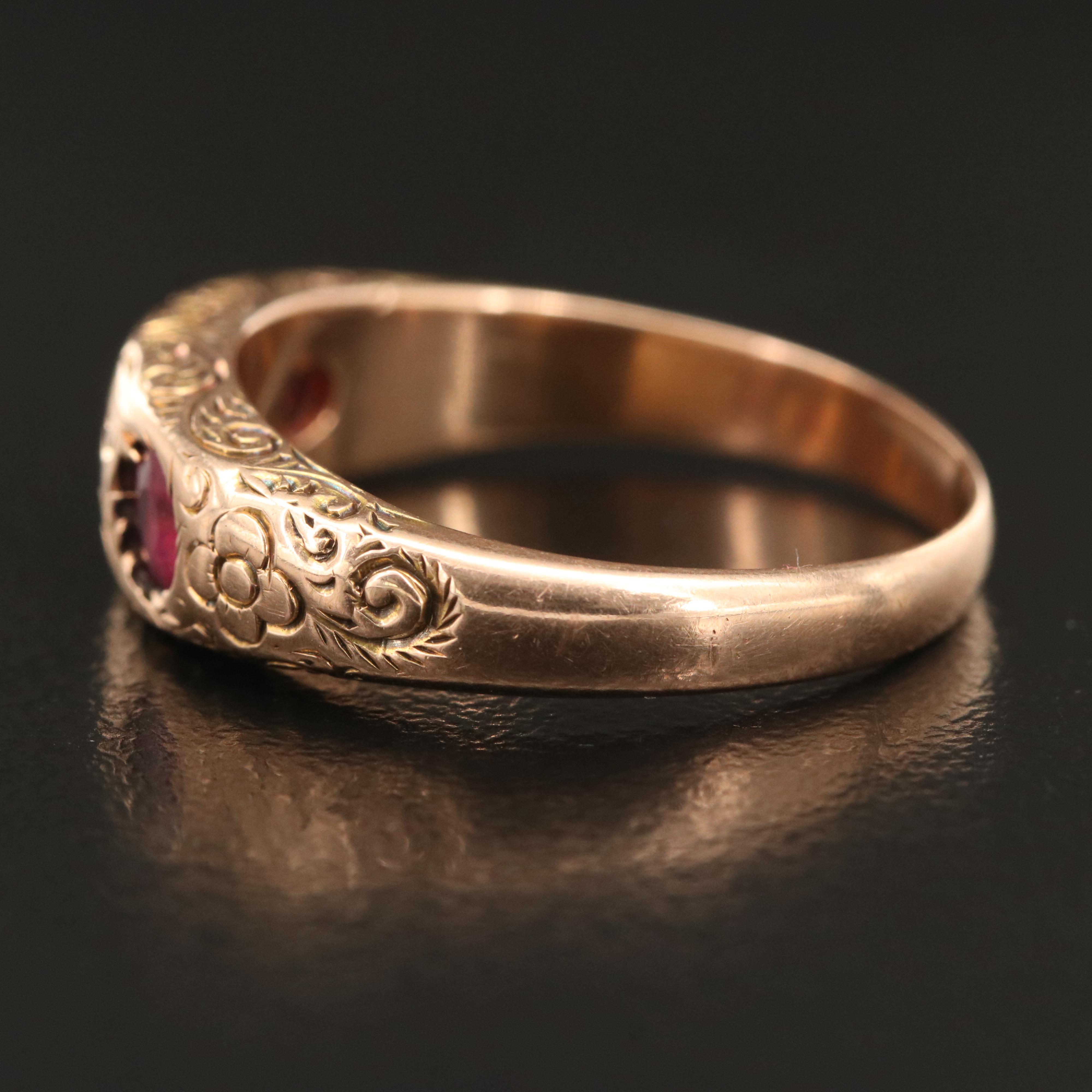 Late Victorian 14K Garnet Glass Doublet Gypsy Set Ring with Engraved Scrollwork