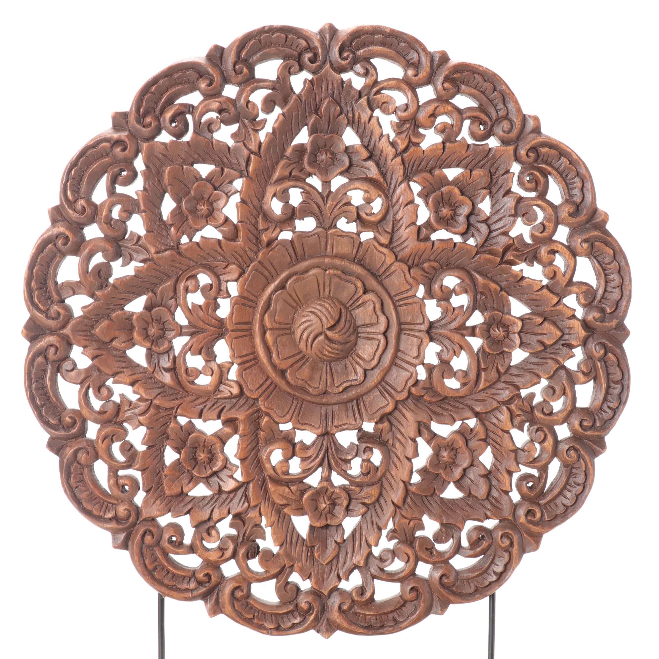 Thai Carved Wood Floral Medallion