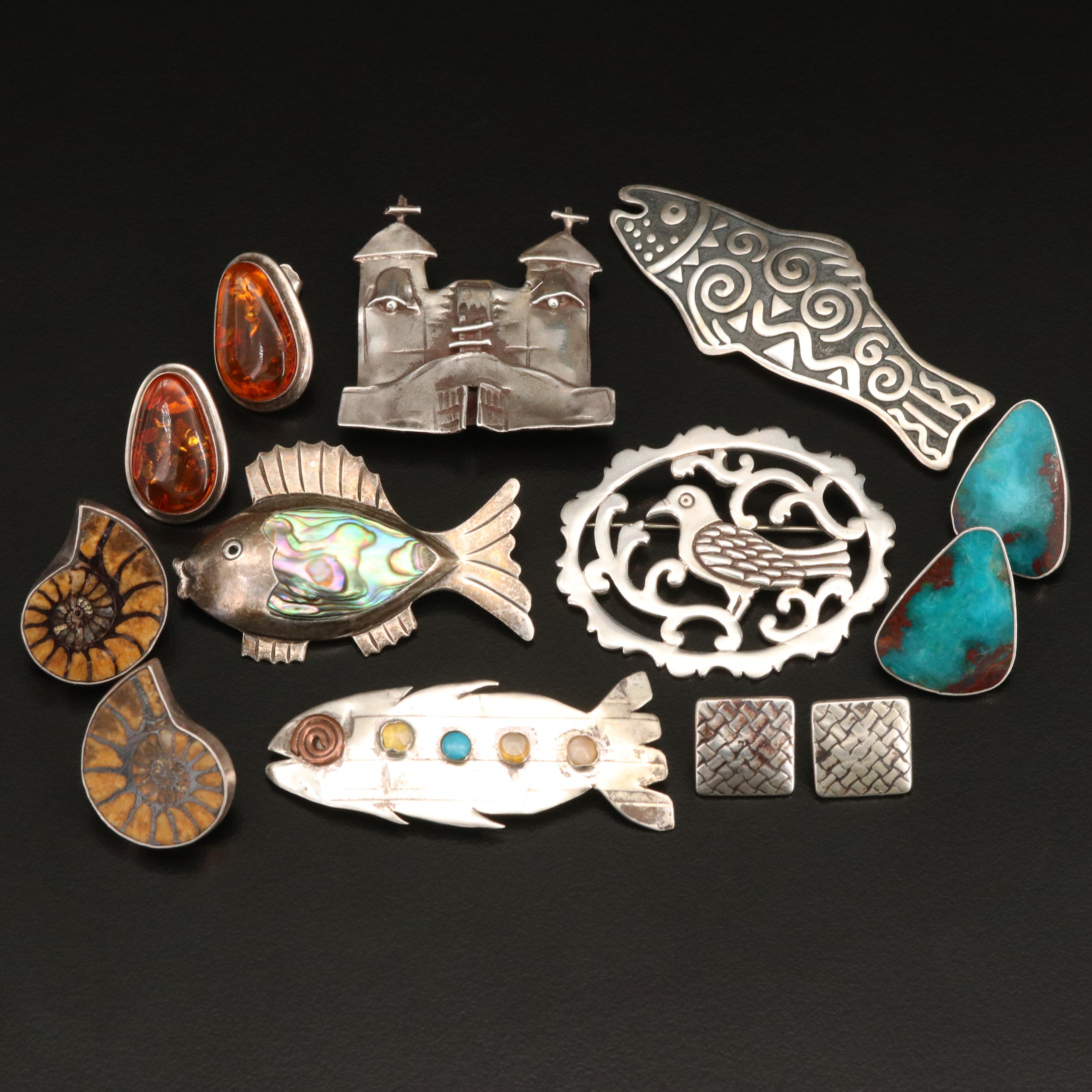 Sterling Brooch and Earring Selection with Castle and Fish Brooches