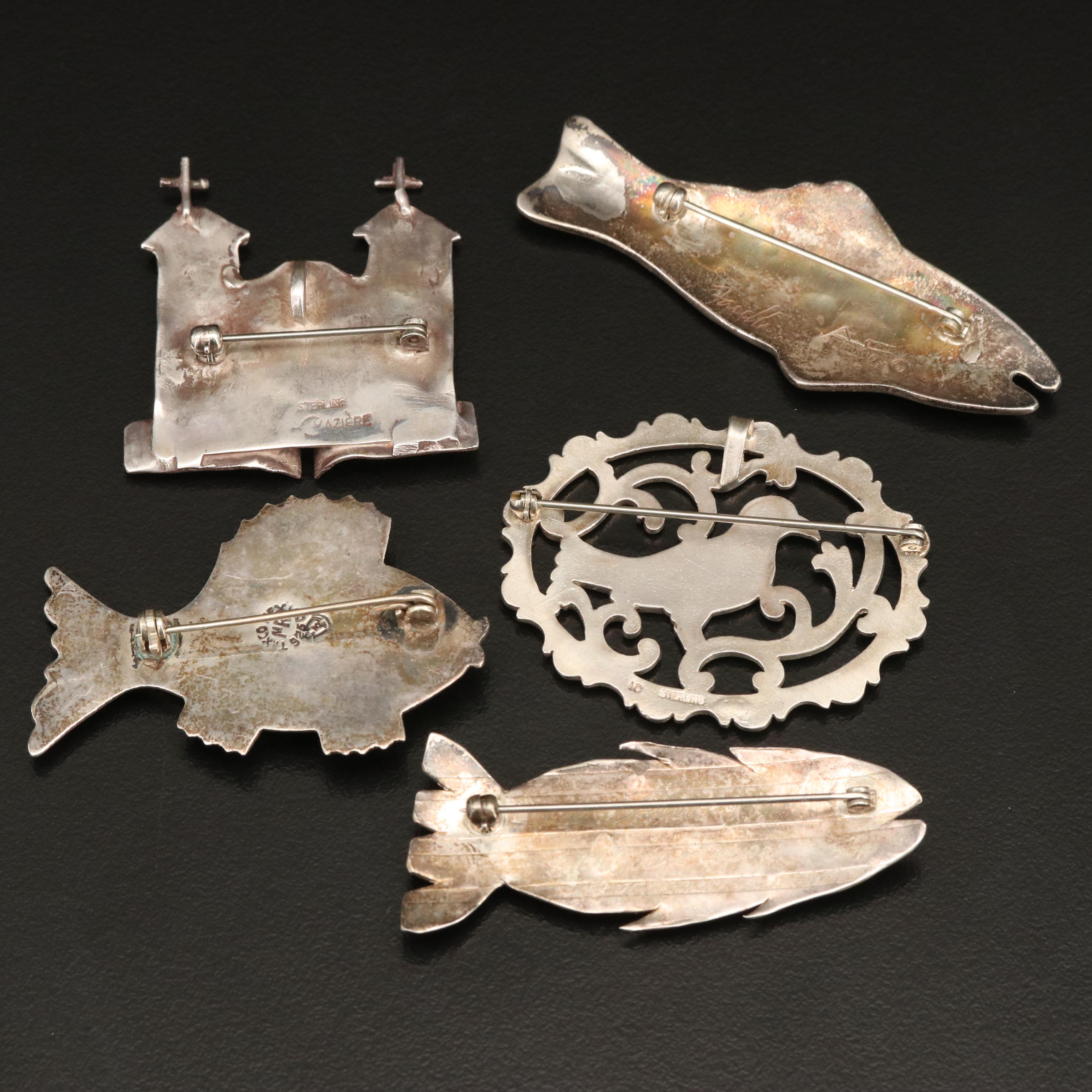 Sterling Brooch and Earring Selection with Castle and Fish Brooches