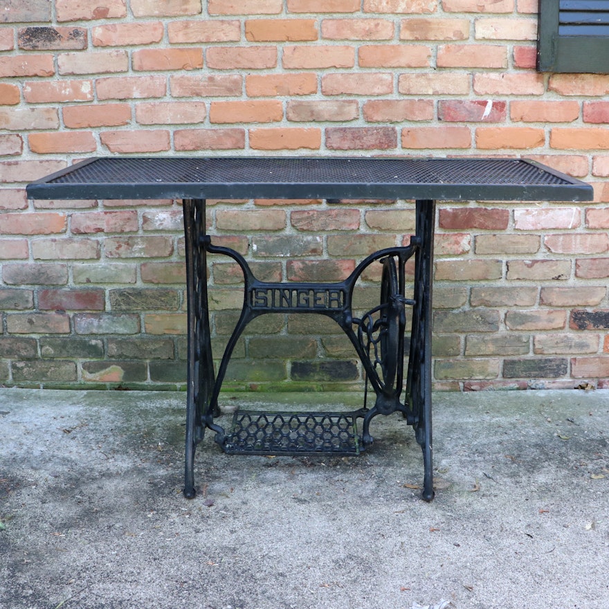 Singer Sewing Machine Treadle Base with Mesh Metal Top Outdoor Table