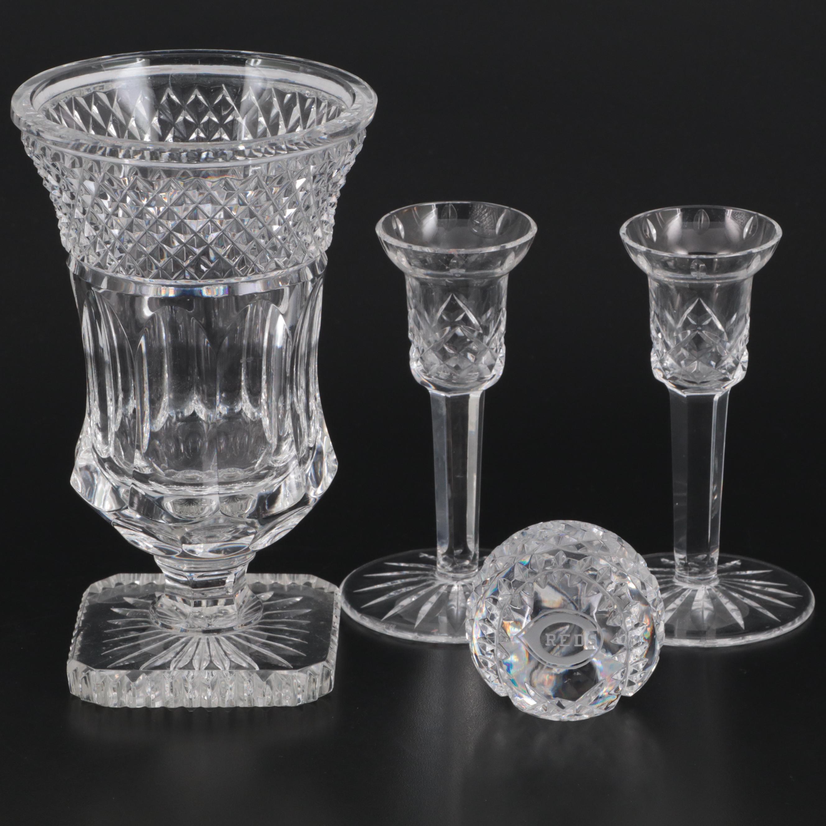 Waterford "Lismore" Crystal Candlesticks with Vase and Baseball Paperweight
