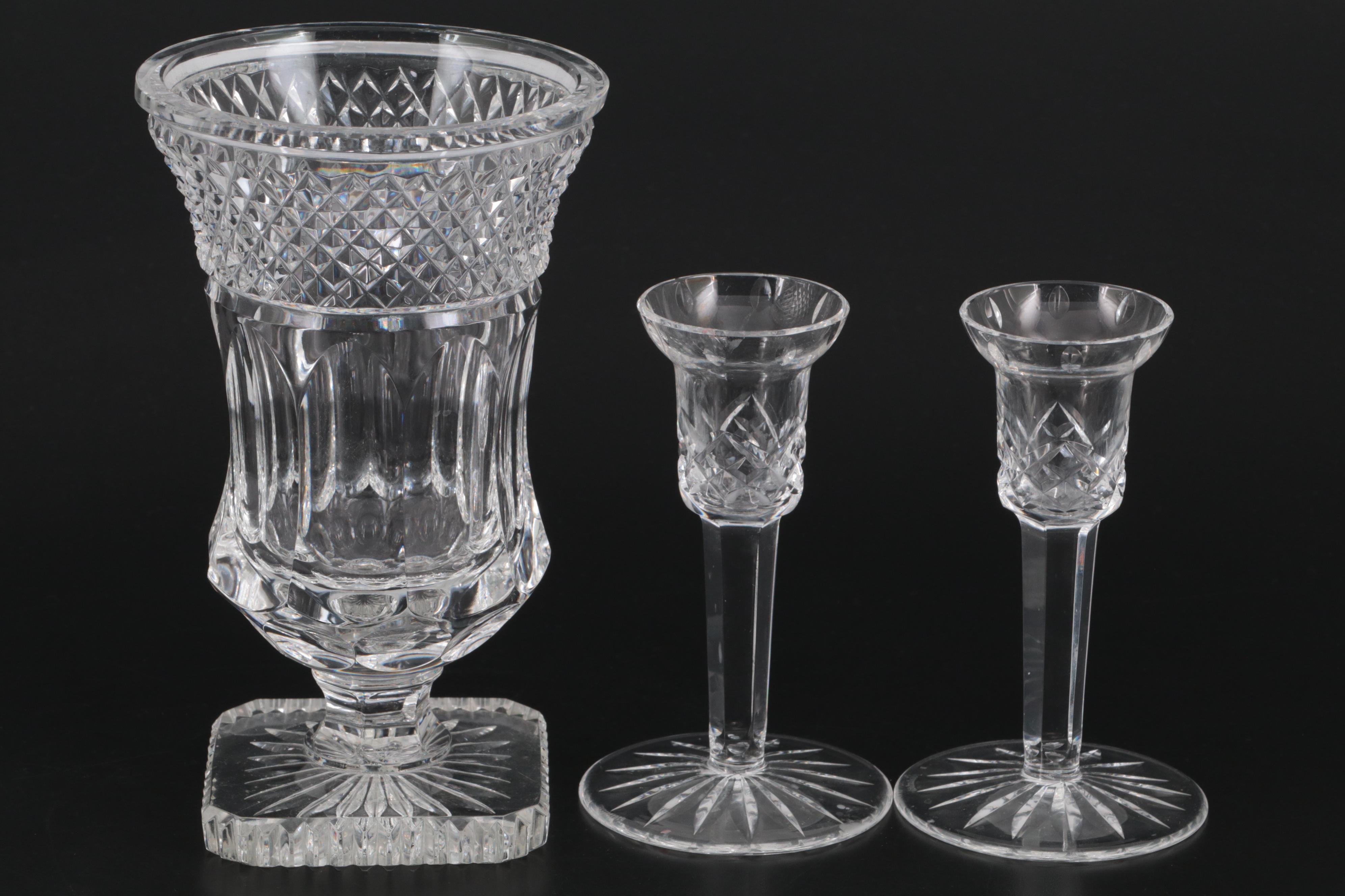 Waterford "Lismore" Crystal Candlesticks with Vase and Baseball Paperweight