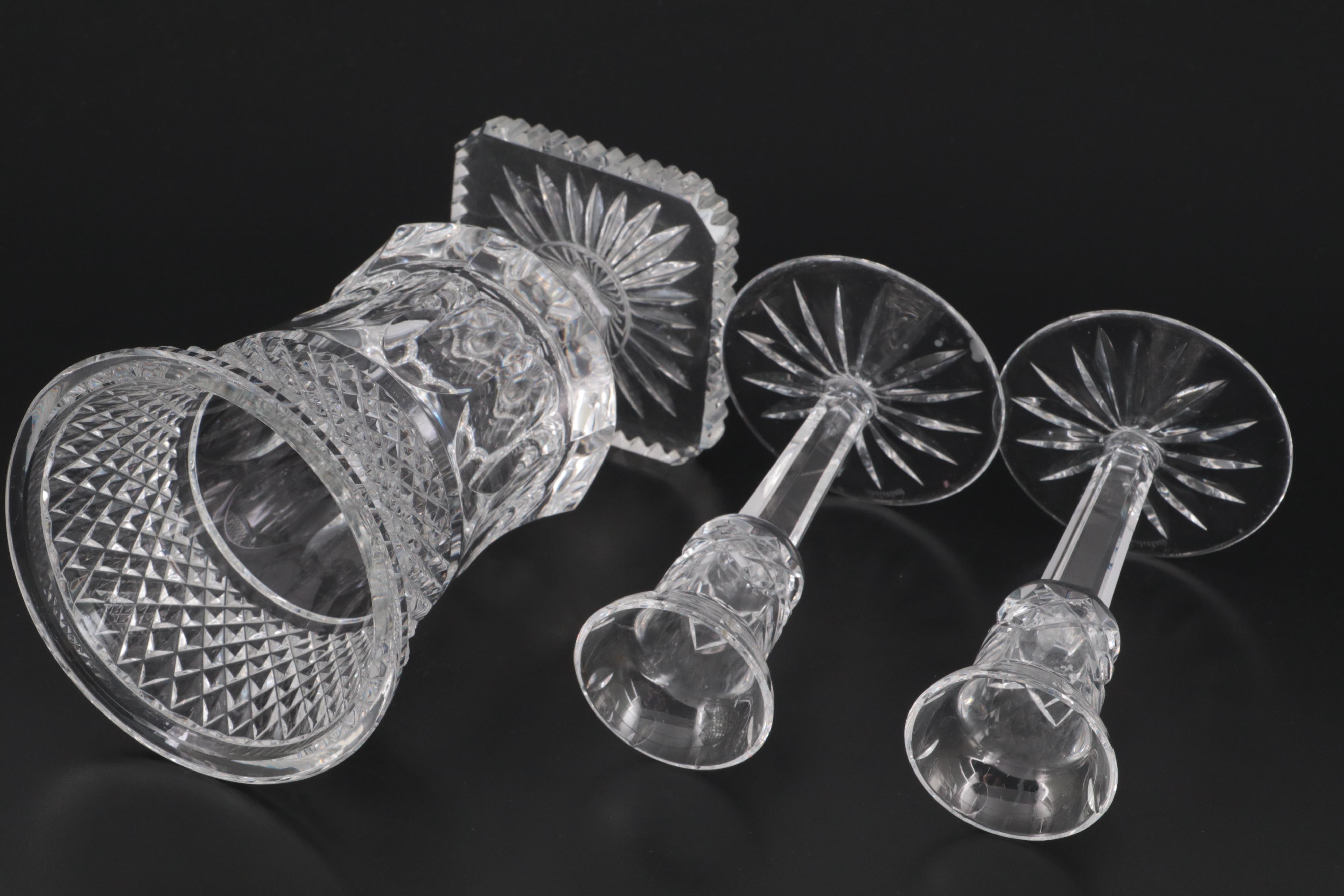 Waterford "Lismore" Crystal Candlesticks with Vase and Baseball Paperweight