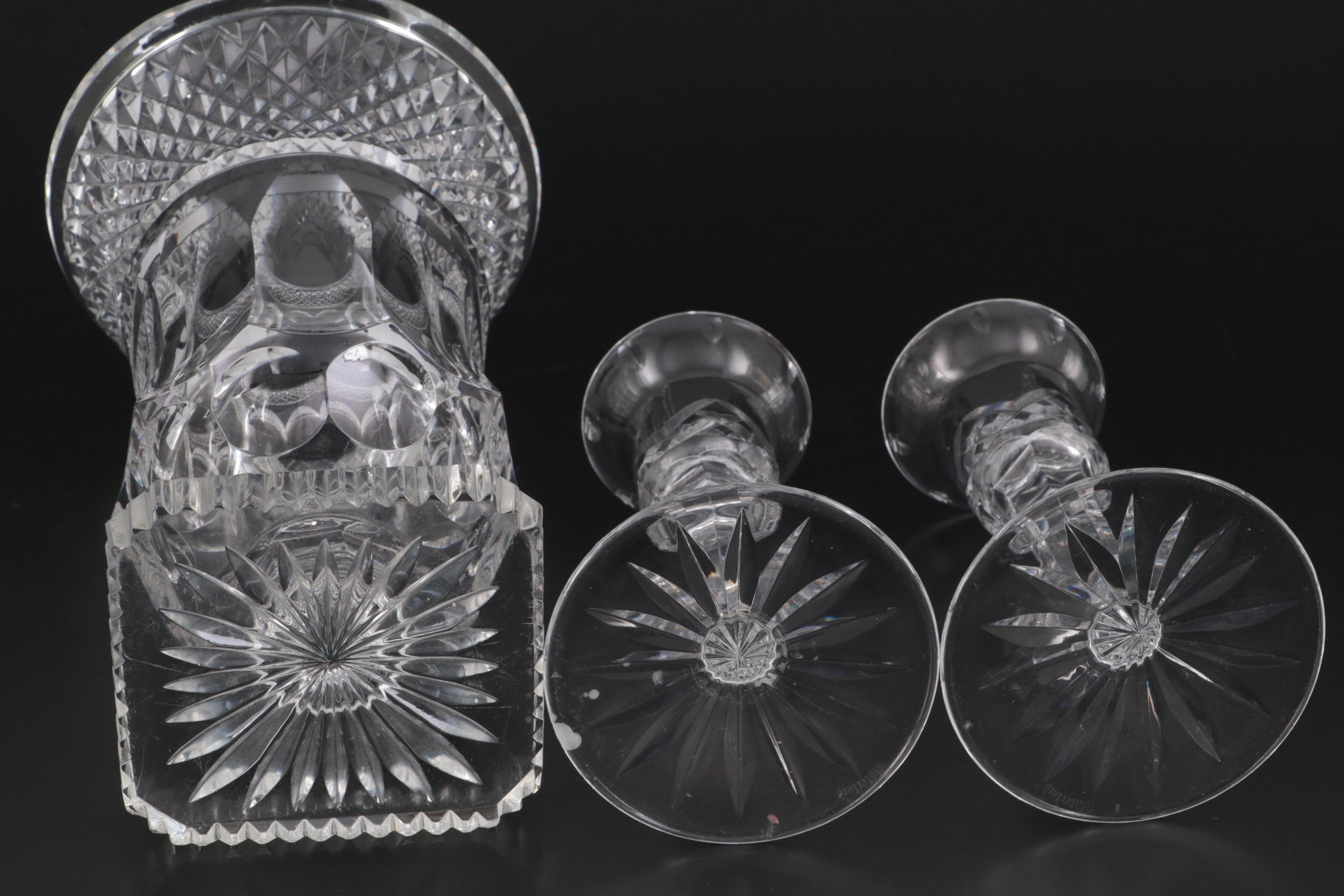 Waterford "Lismore" Crystal Candlesticks with Vase and Baseball Paperweight