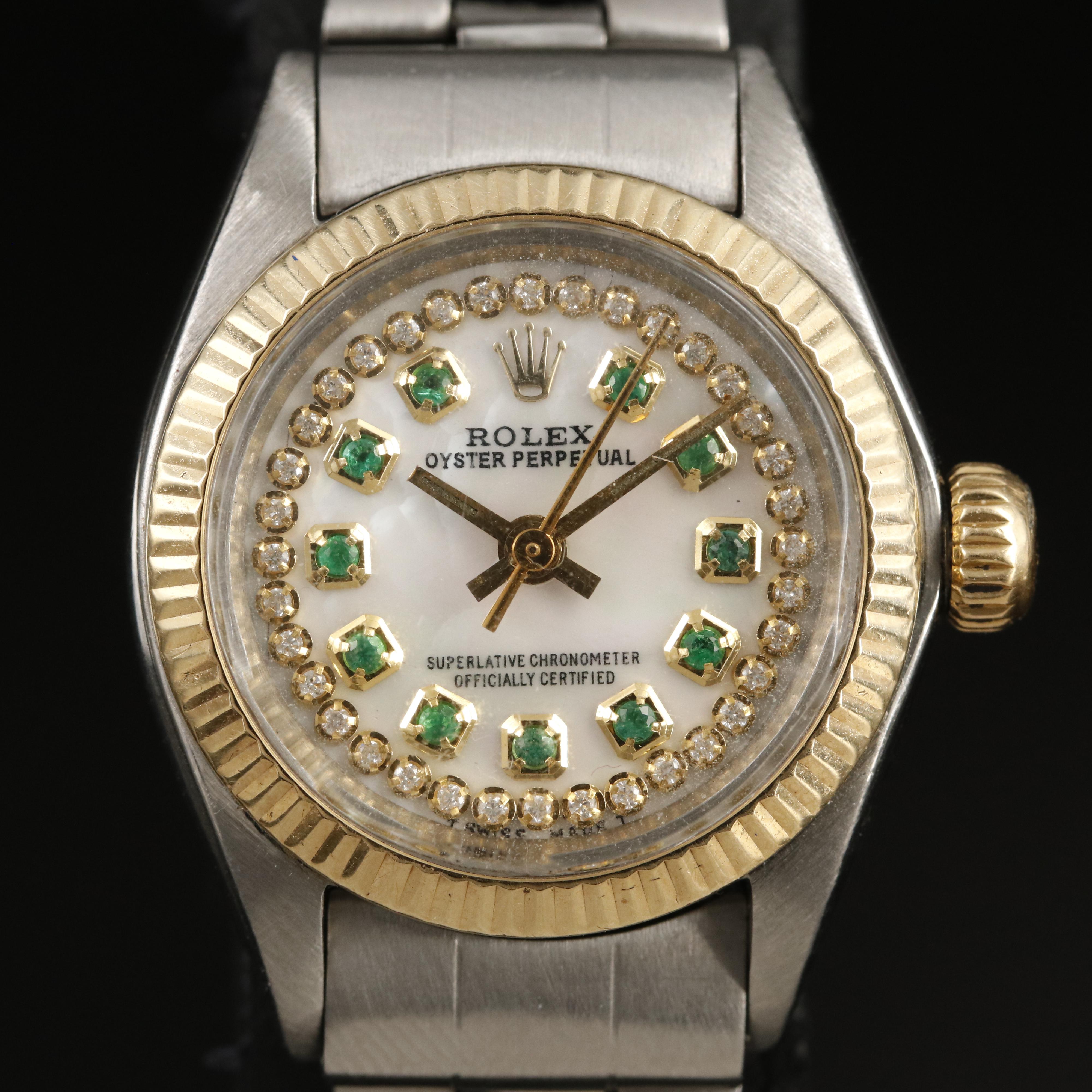 1972 Rolex Oyster Perpetual Emerald and Diamond, Mother-of-Pearl Dial Watch