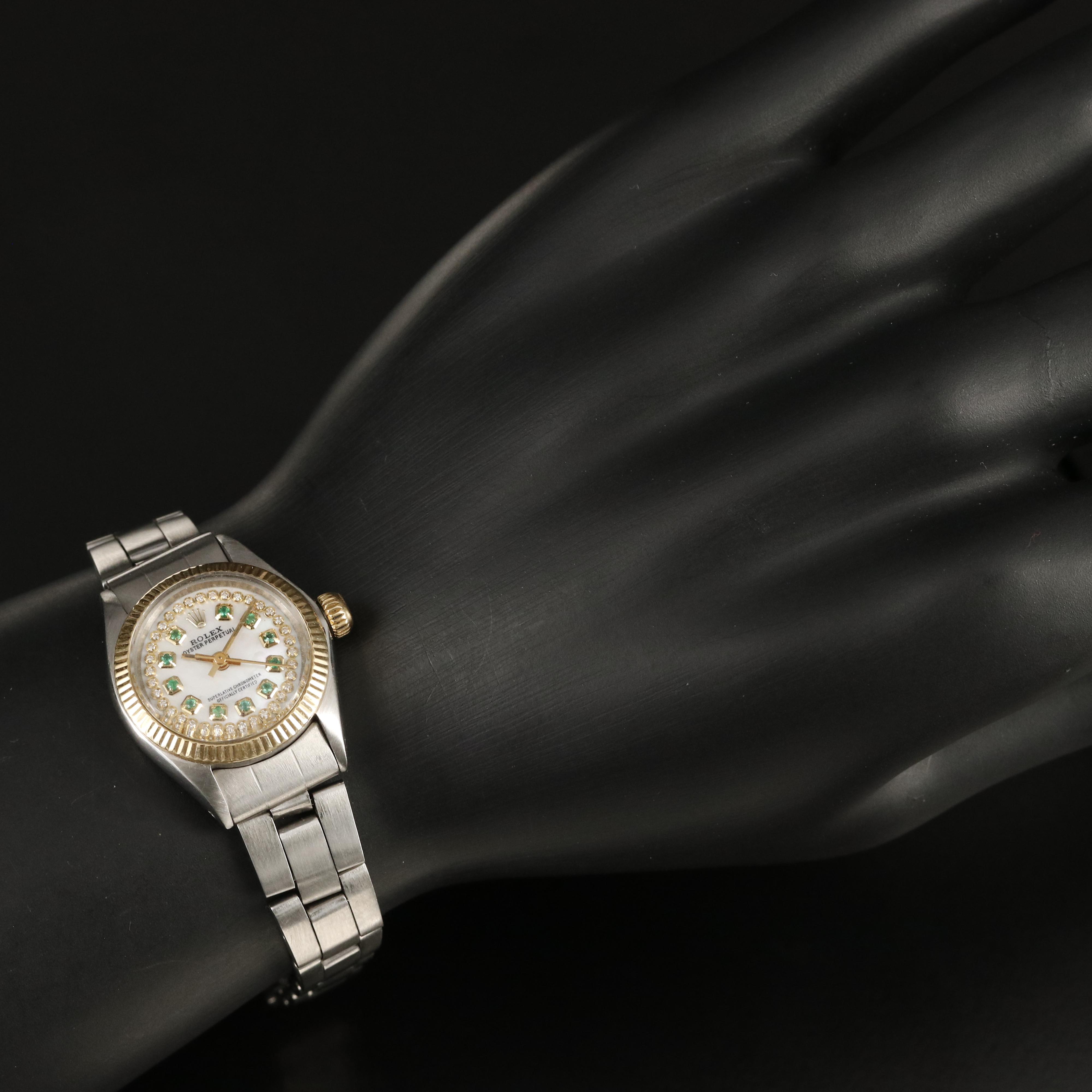 1972 Rolex Oyster Perpetual Emerald and Diamond, Mother-of-Pearl Dial Watch