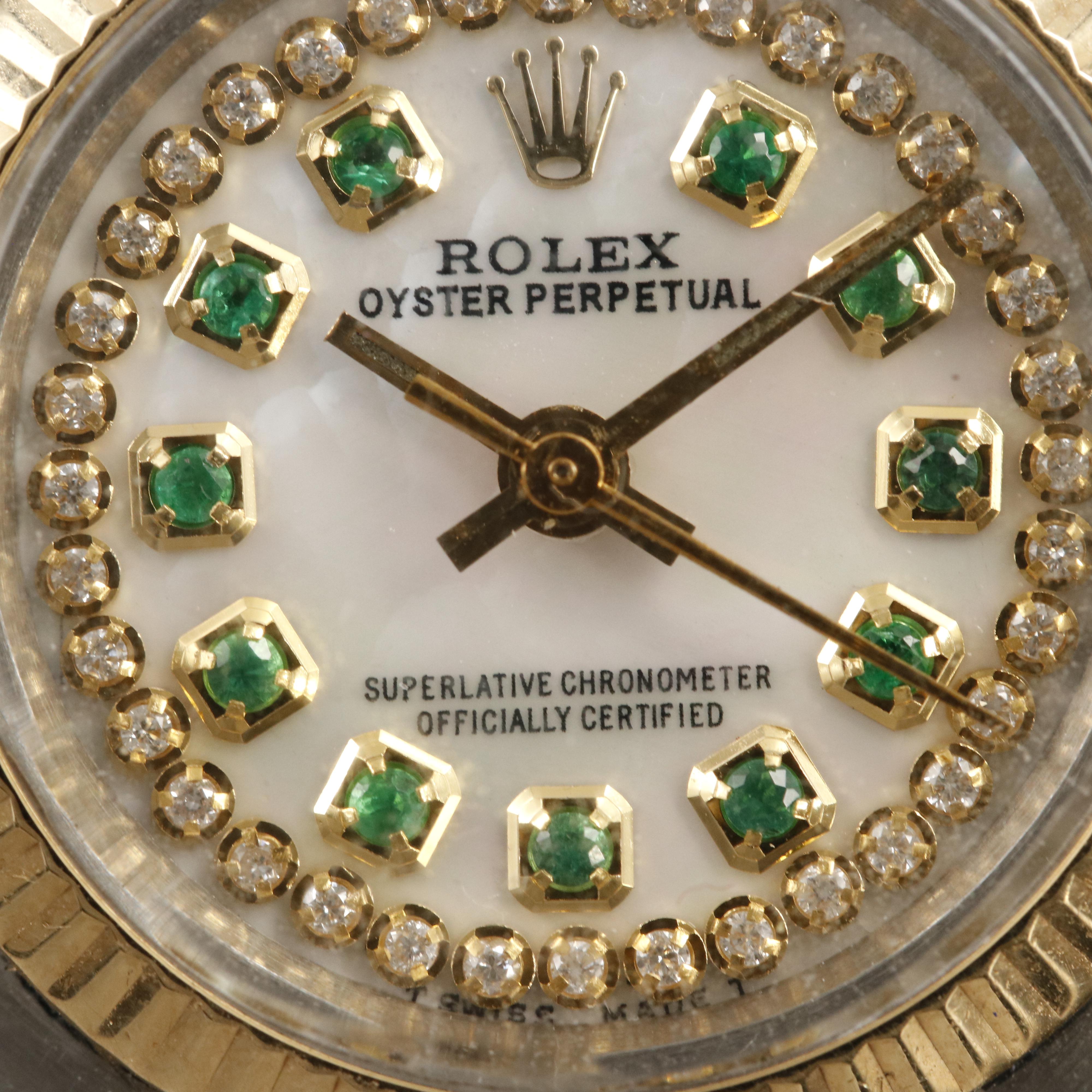 1972 Rolex Oyster Perpetual Emerald and Diamond, Mother-of-Pearl Dial Watch