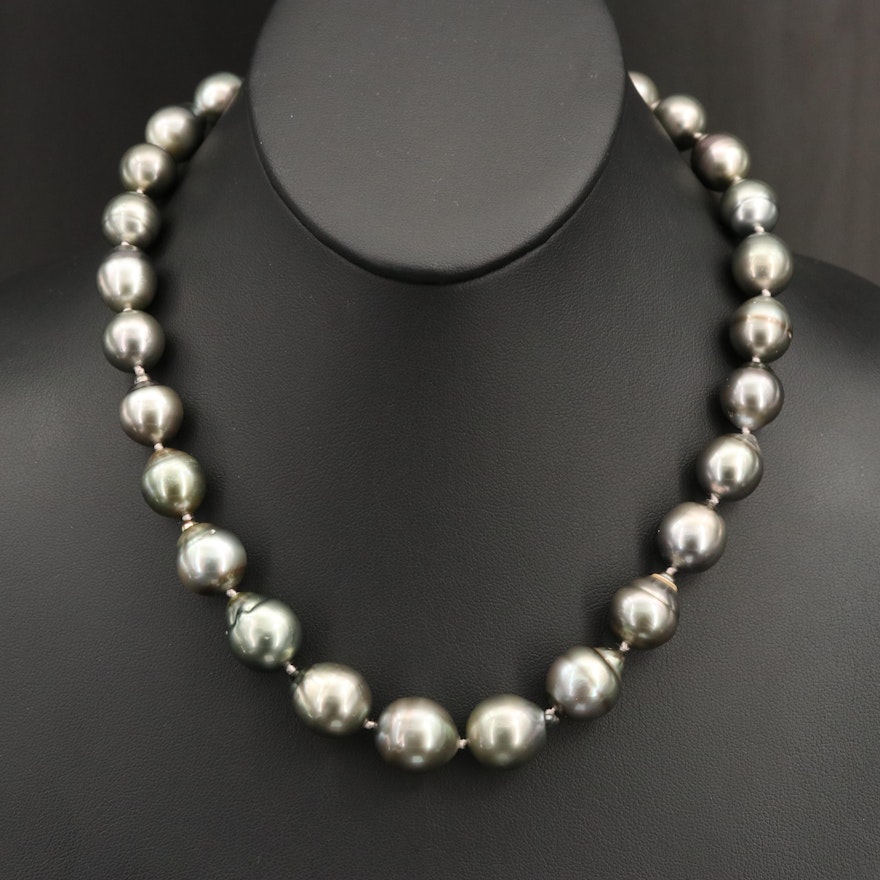 Tahitian 11.90 - 14.90MM Pearl Necklace with GIA Report and 14K Diamond Clasp