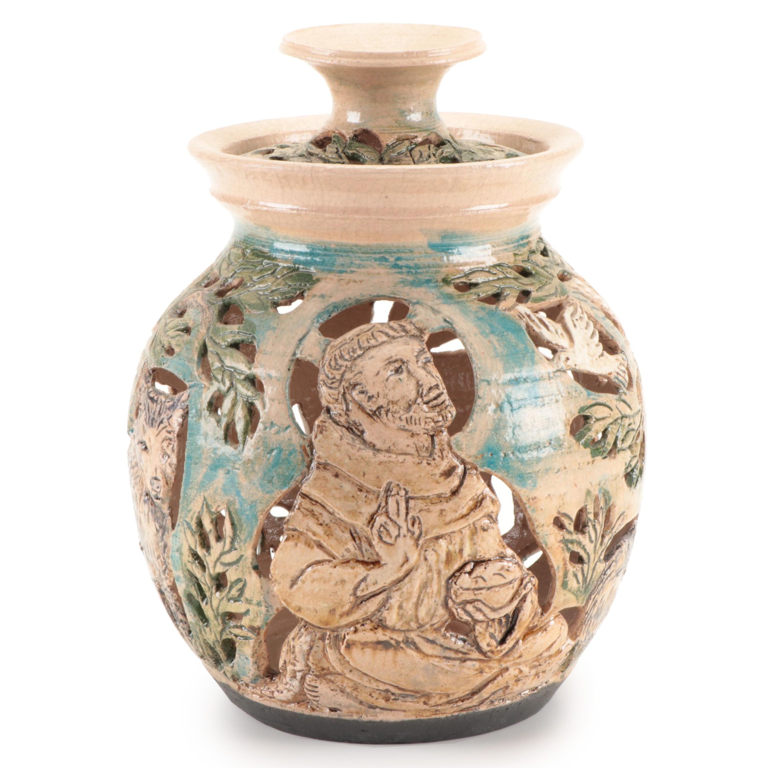 Saint Francis of Assisi Studio Pottery Lidded Candle Holder
