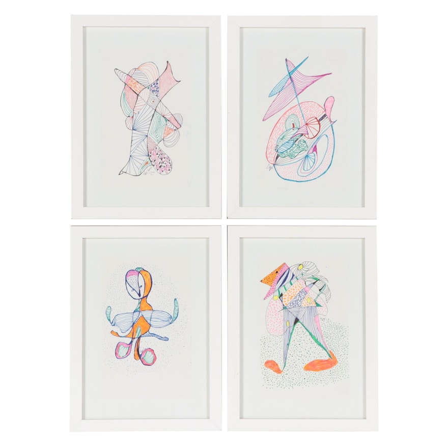 Lois Walker Abstract Color Ink Drawings, Circa 2014