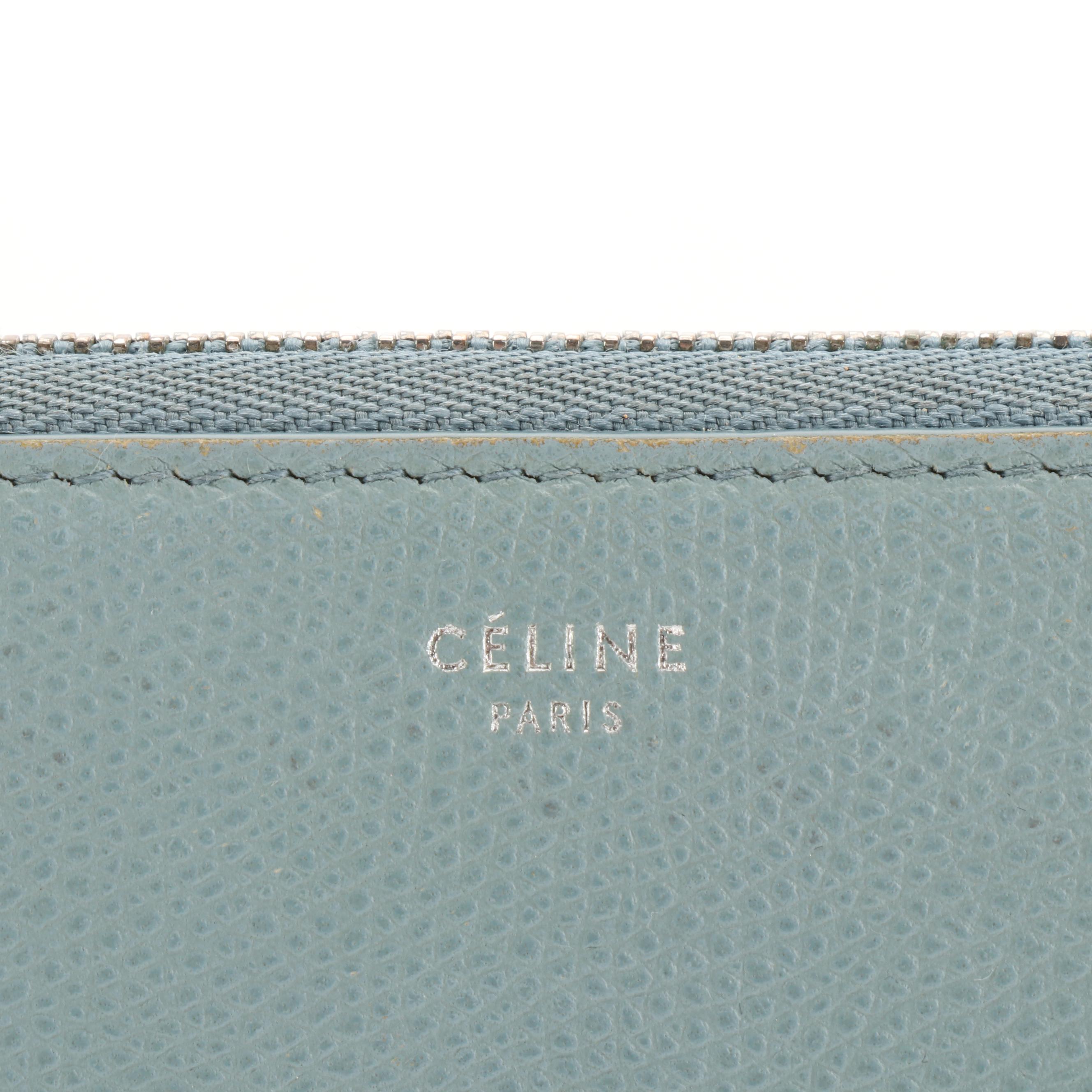 Céline Zip-Around Wallet in Light Blue Grained Leather with Box