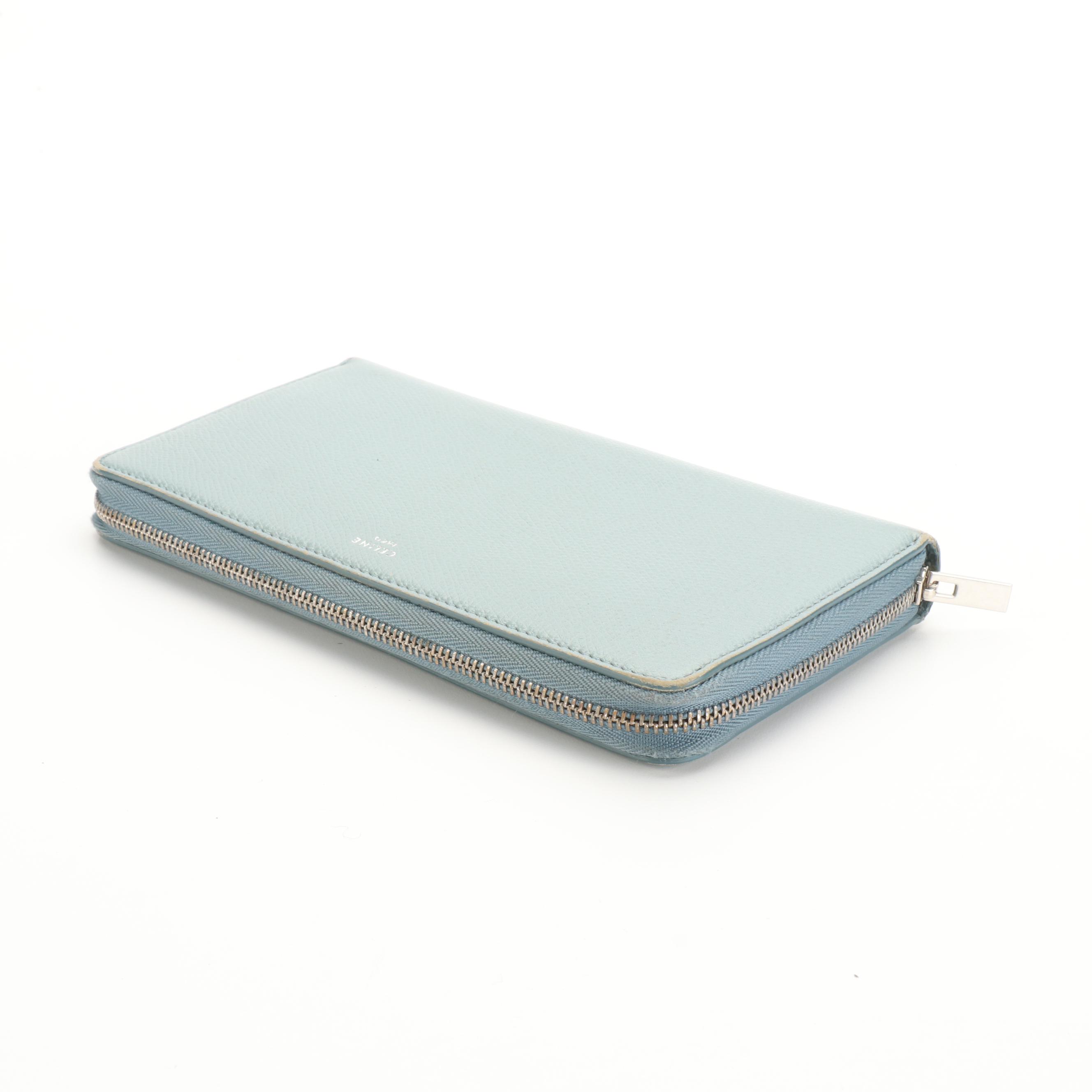 Céline Zip-Around Wallet in Light Blue Grained Leather with Box