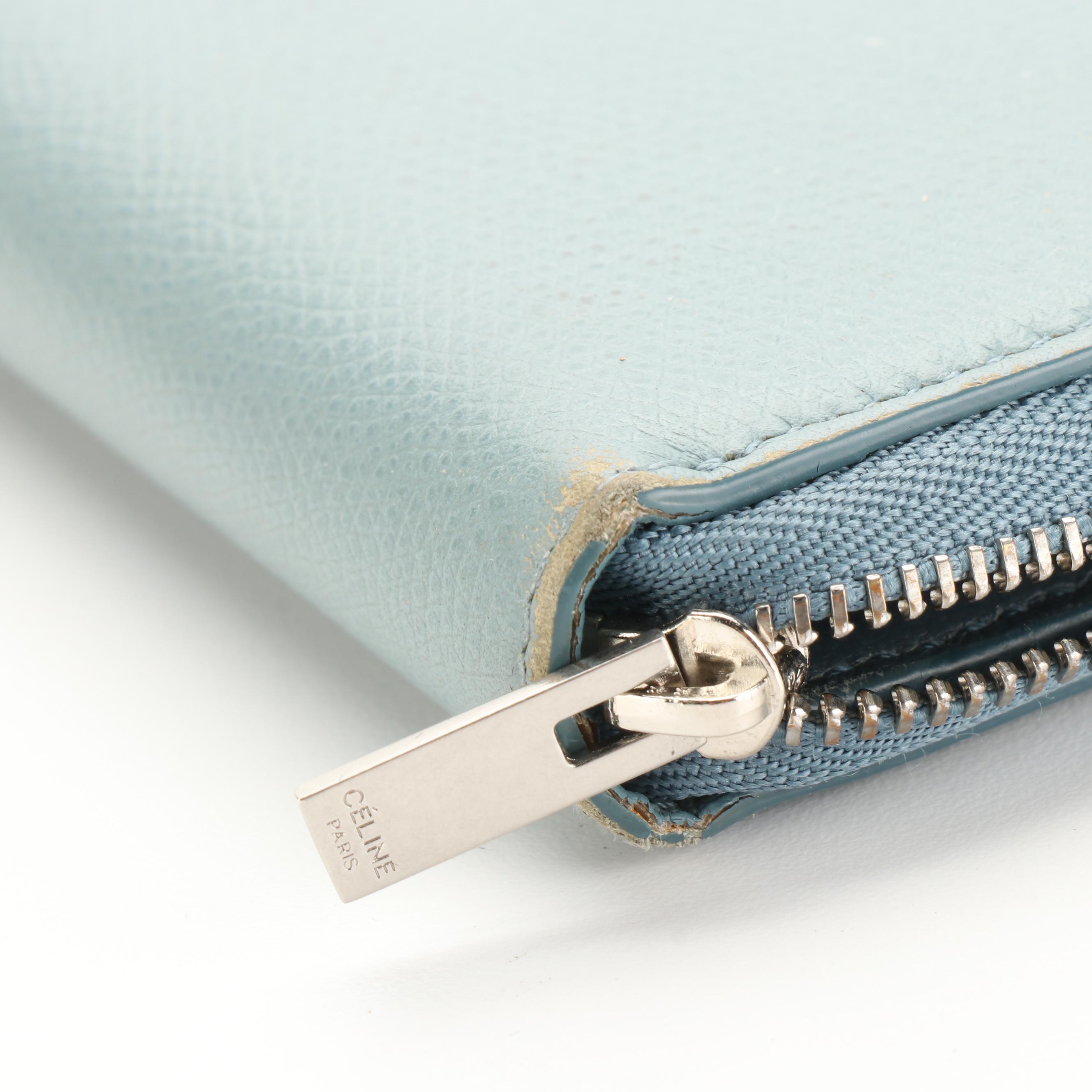 Céline Zip-Around Wallet in Light Blue Grained Leather with Box