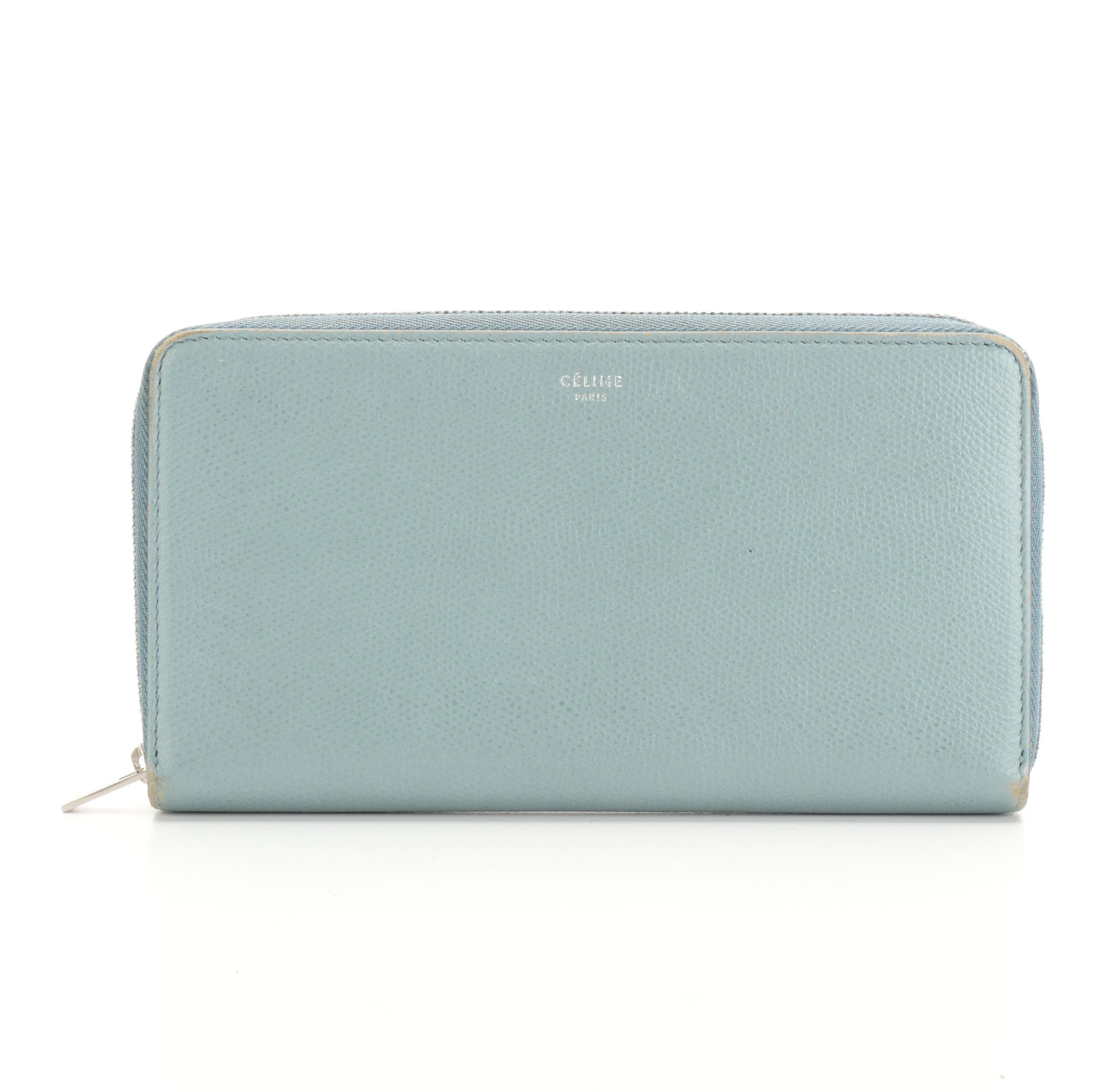 Céline Zip-Around Wallet in Light Blue Grained Leather with Box