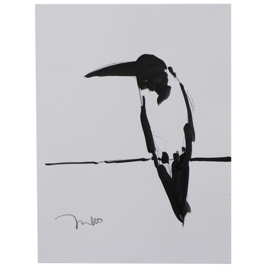 Jose Trujillo Charcoal Drawing "Crow," 21st Century