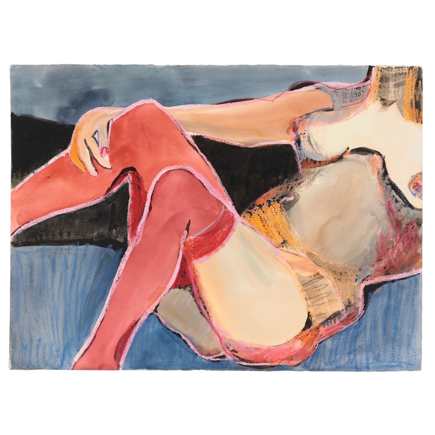 Marion Maas Mixed Media Painting of Reclining Female Nude