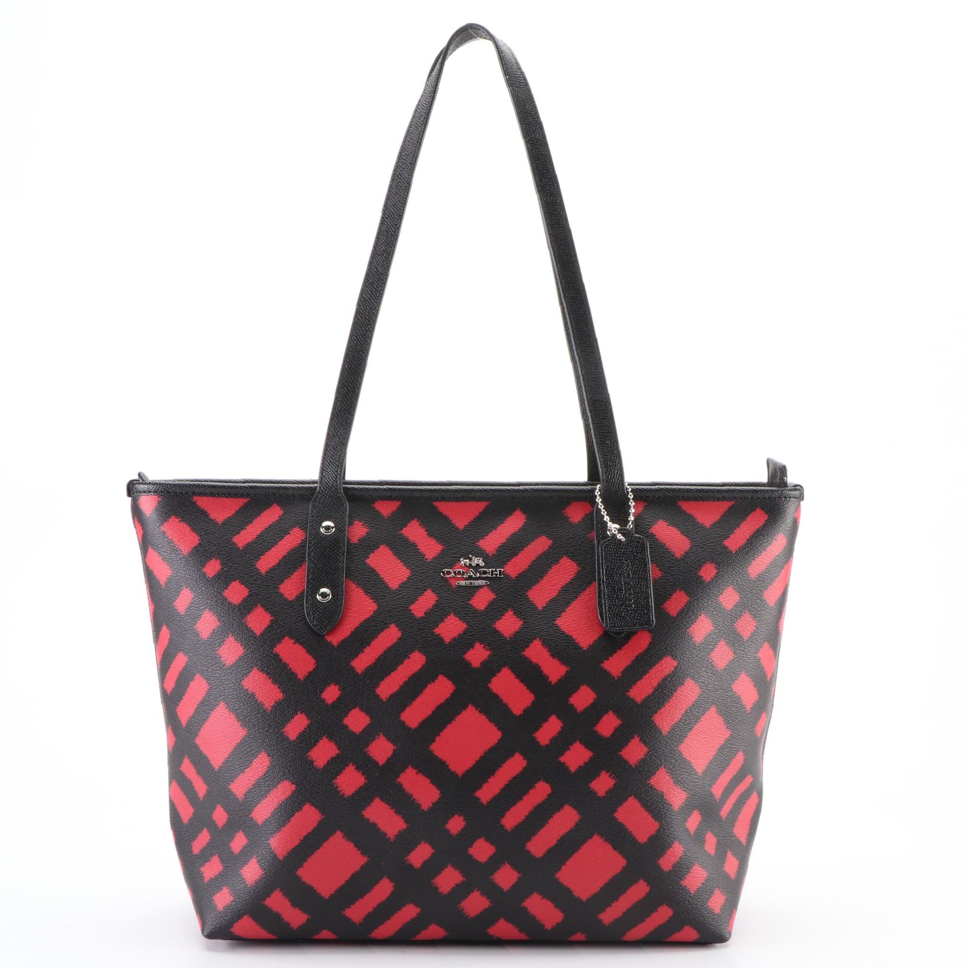 Coach City Zip Tote in Red/Black Wild Plaid Coated Canvas and Black Leather