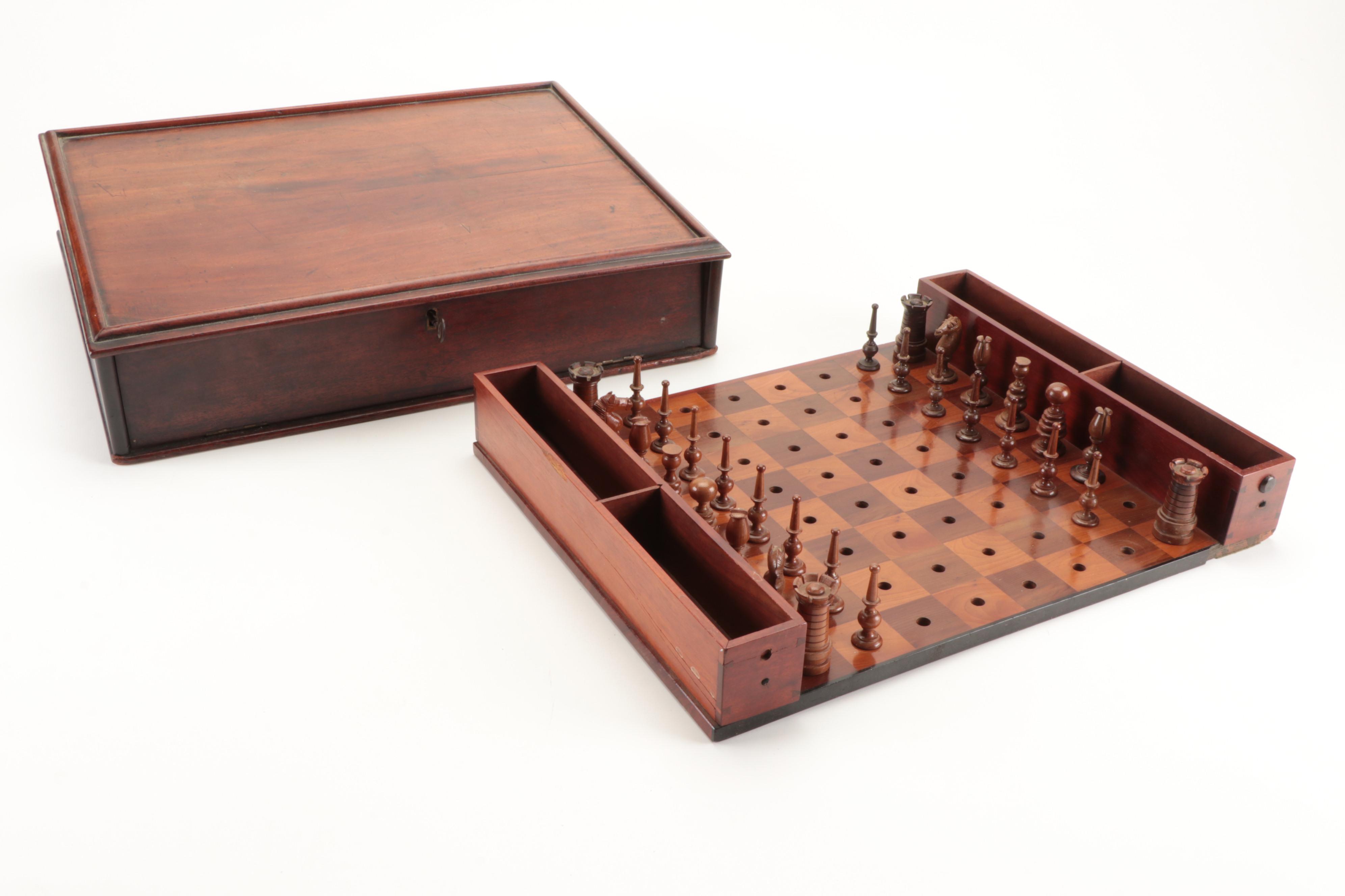 Classon's Improved Steamboat and Railway Wooden Peg Chess Set, Mid-19th Century