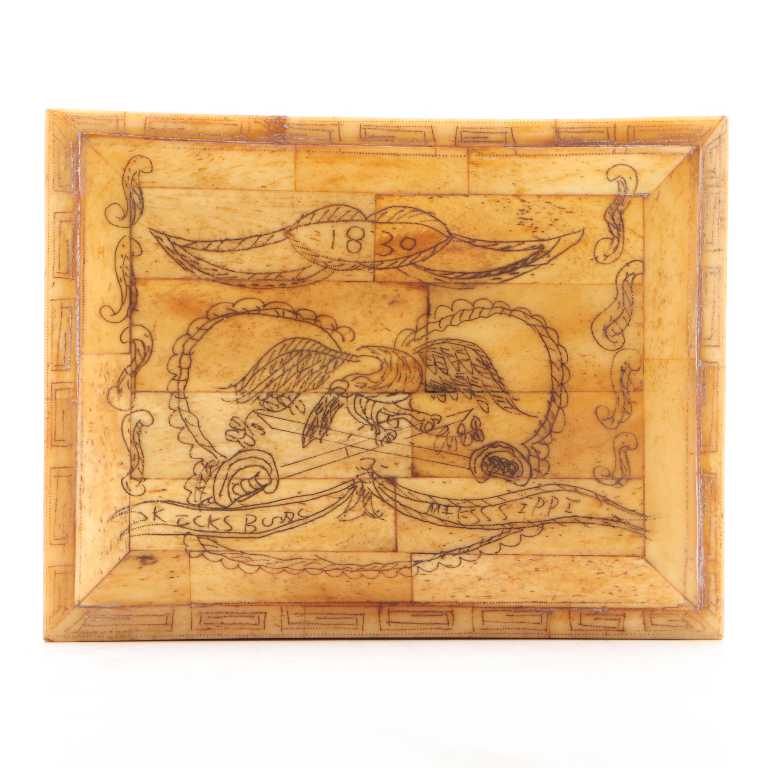 Scrimshaw Bone Veneer Nesting Lacquerware Trinket Boxes, Mid 20th Century