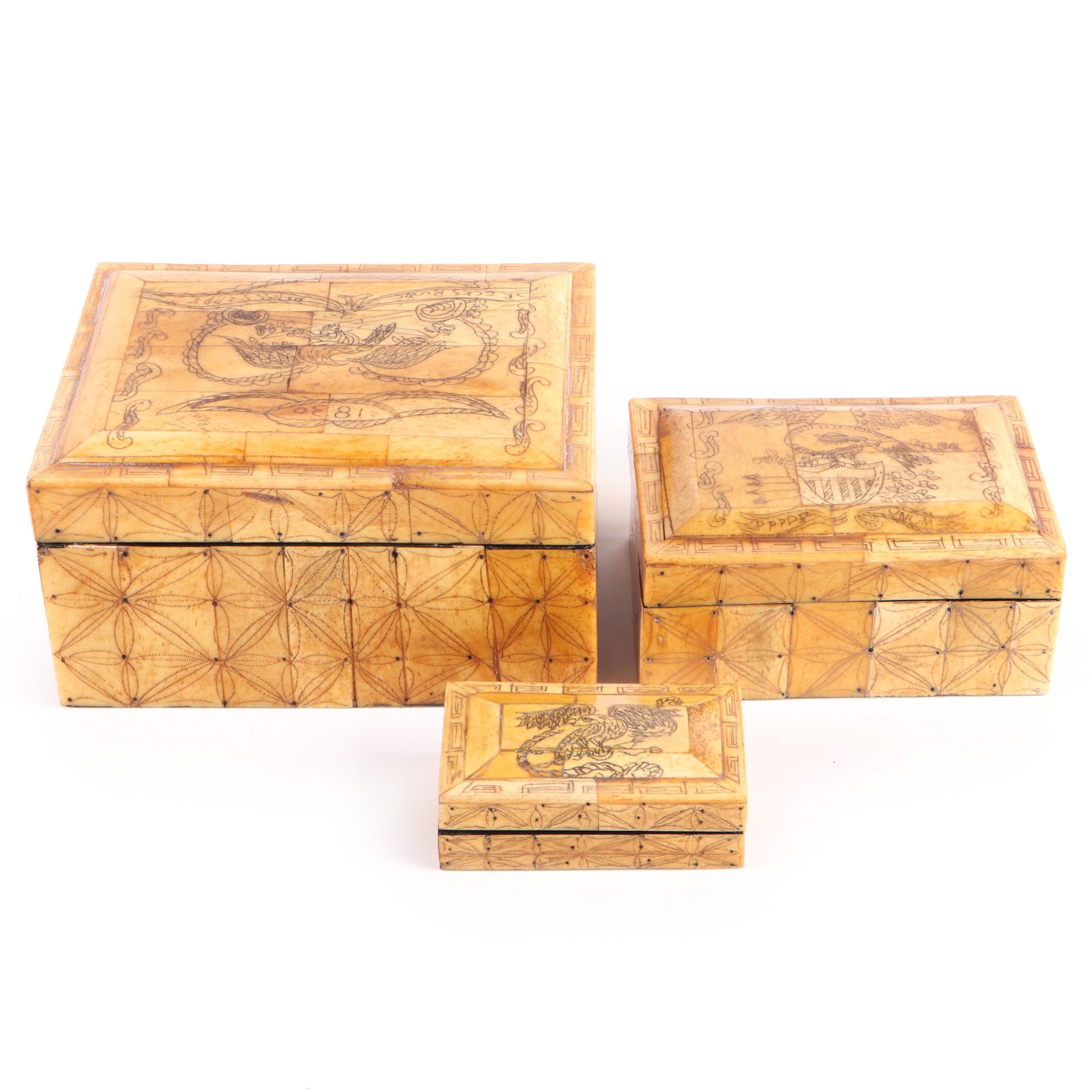 Scrimshaw Bone Veneer Nesting Lacquerware Trinket Boxes, Mid 20th Century